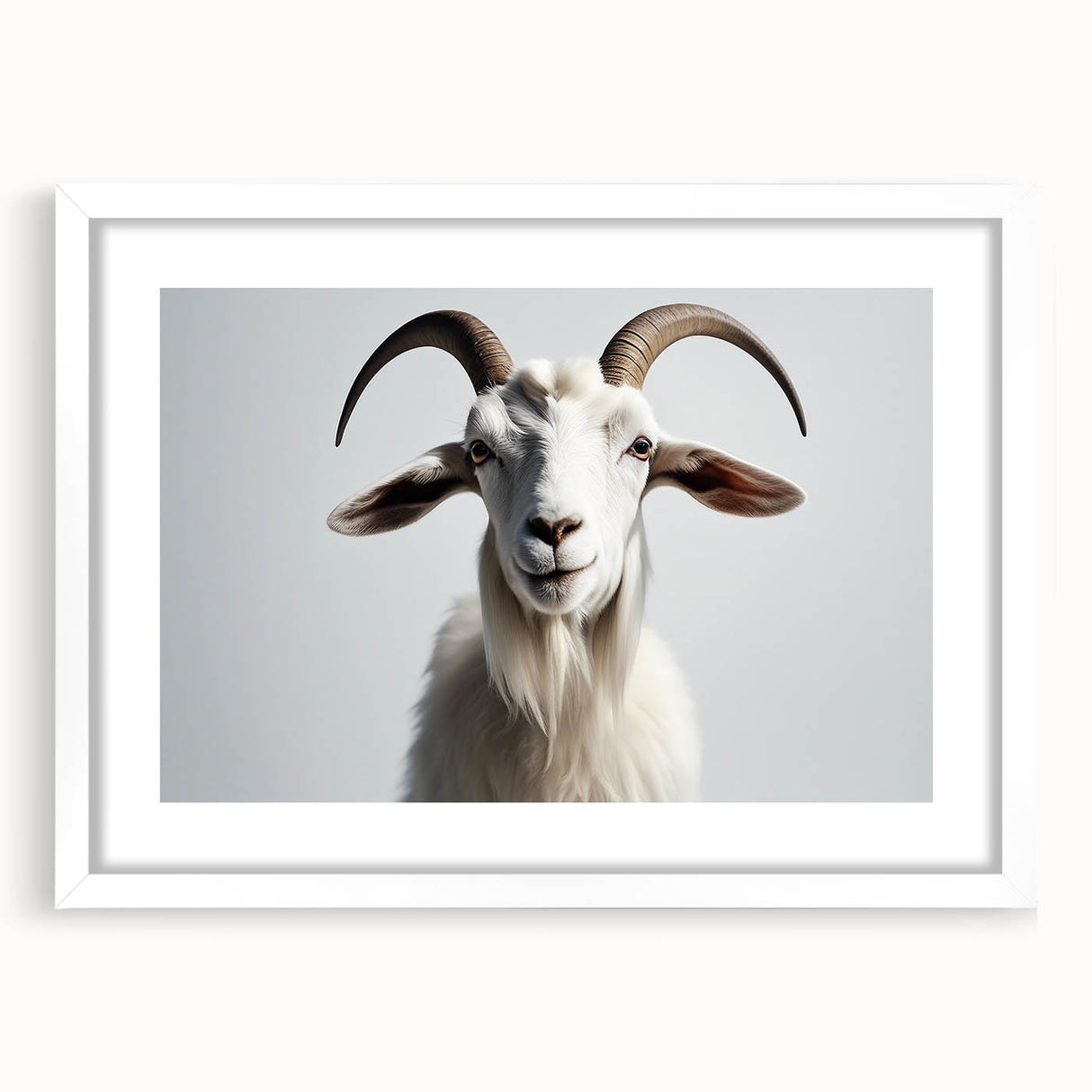 Framed wall art featuring a whimsical goat design, showcasing intricate details and vibrant colors, set against a white mat, perfect for animal lovers' decor.