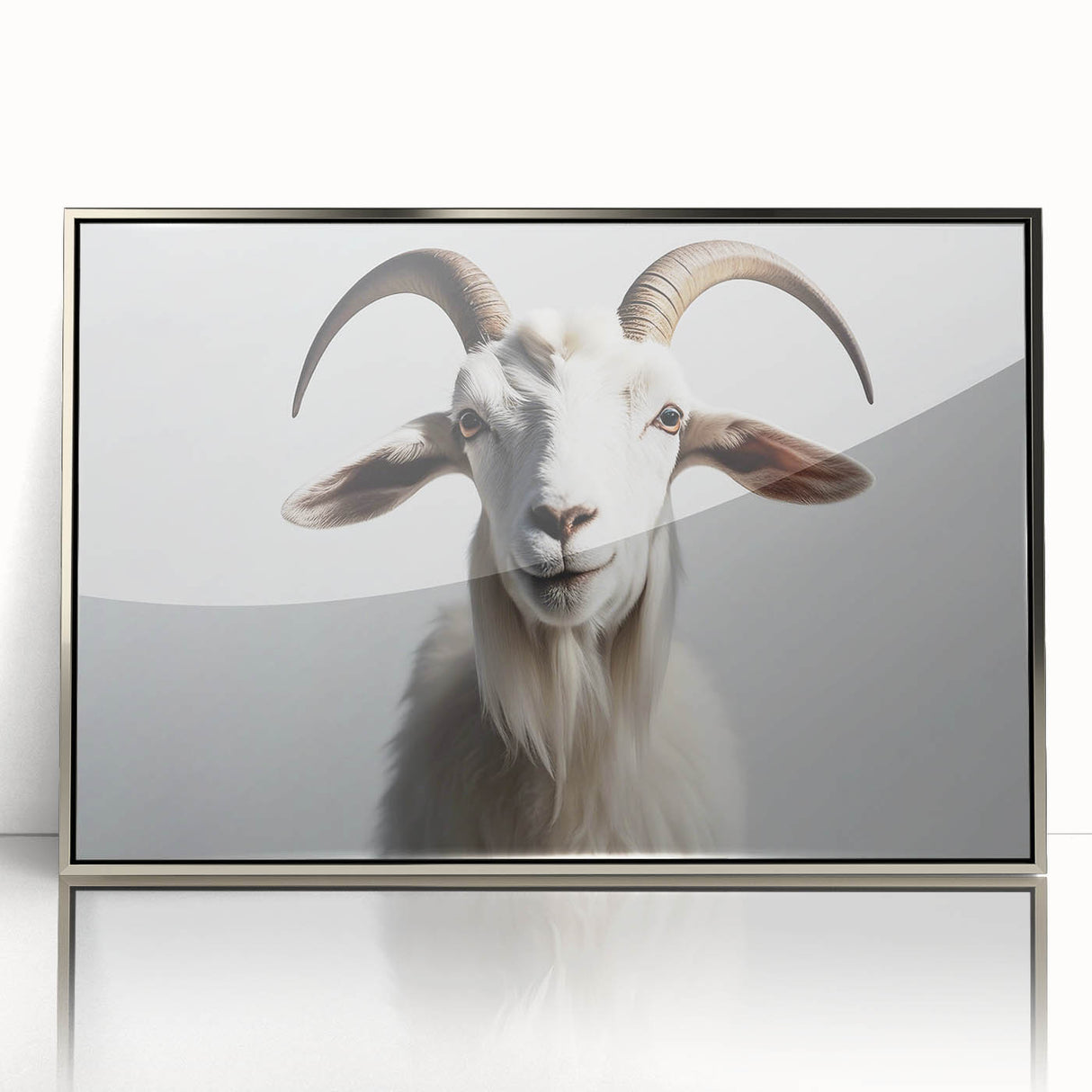 Framed acrylic wall art featuring a stylized goat design on a silver background, perfect for adding a modern touch to home décor. Ideal for animal lovers and art enthusiasts.
