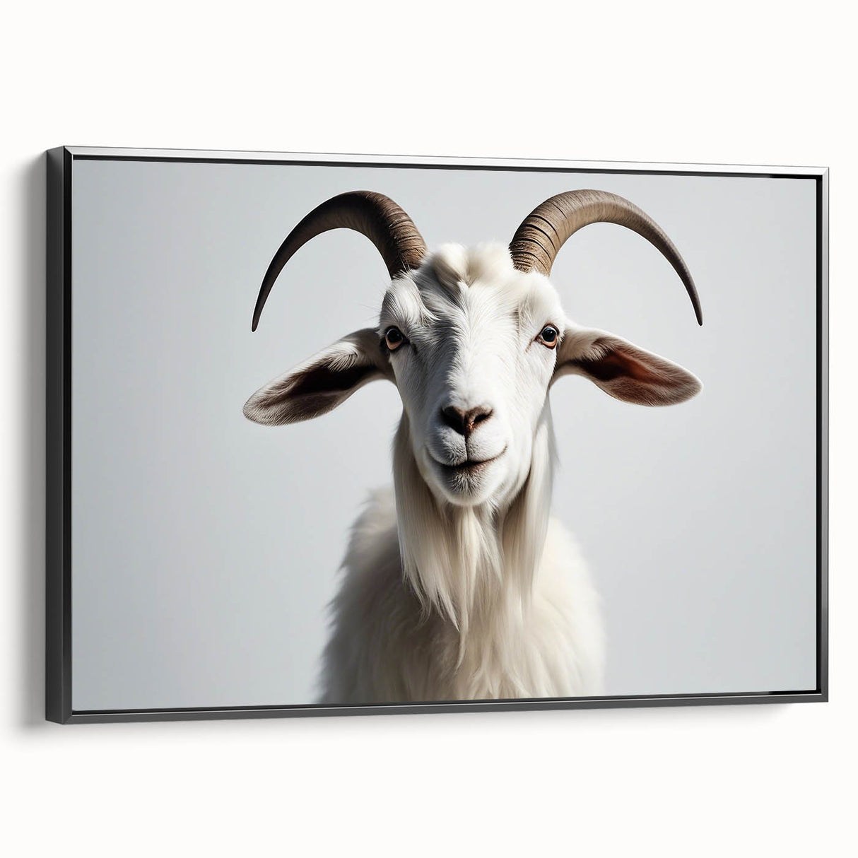 Framed wall art featuring a stylized goat design on a textured canvas, set against a black background, perfect for modern home decor or animal-themed interiors. This eye-catching piece adds a touch of wildlife elegance to any room while complementing various color palettes.