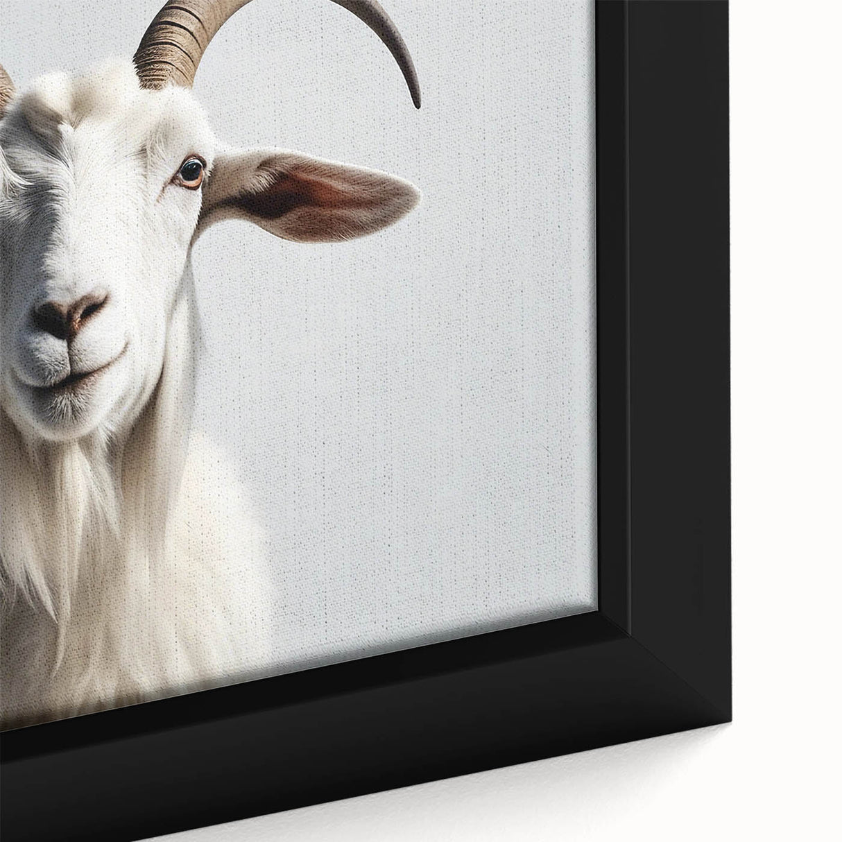 Close-up of a framed canvas wall art featuring a vibrant goat design, showcasing intricate details and rich colors, perfect for animal lovers and home decor enthusiasts.