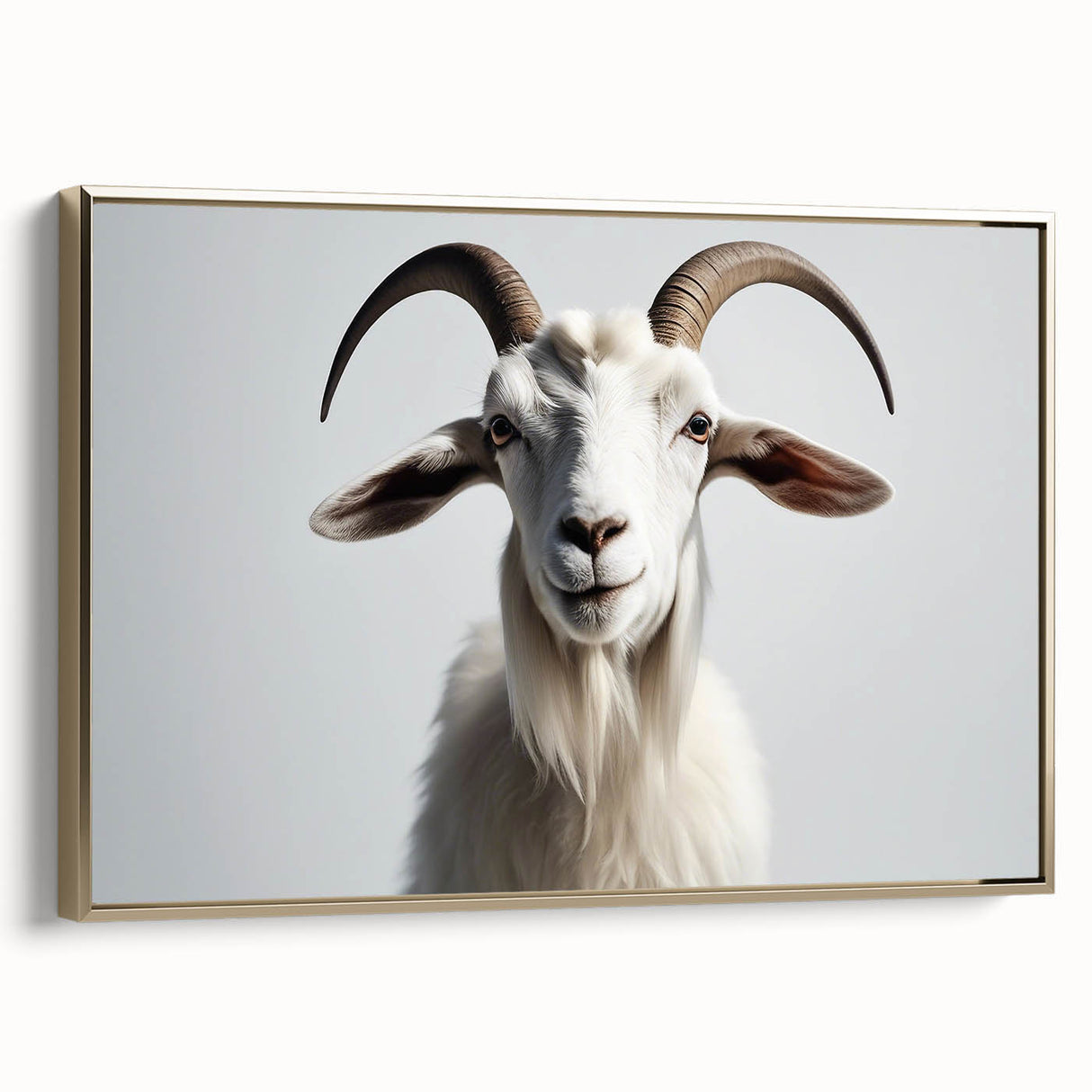 Framed wall art showcasing a stylish goat design in gold hues, set against a textured canvas backdrop, perfect for animal lovers and modern decor enthusiasts.