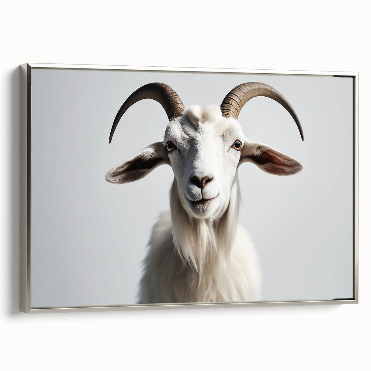 Framed canvas wall art displaying a silver goat design with intricate details, set against a soft background, perfect for animal lovers and modern decor enthusiasts.