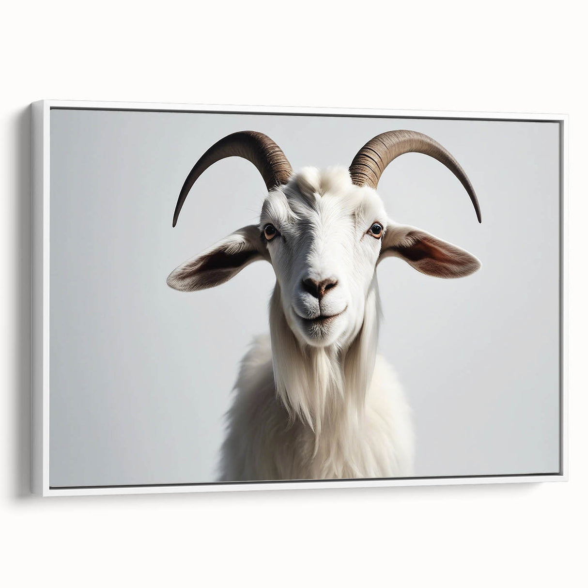 Framed wall art featuring a side view of a stylish goat design in a minimalist white frame, perfect for animal lovers and modern decor enthusiasts.