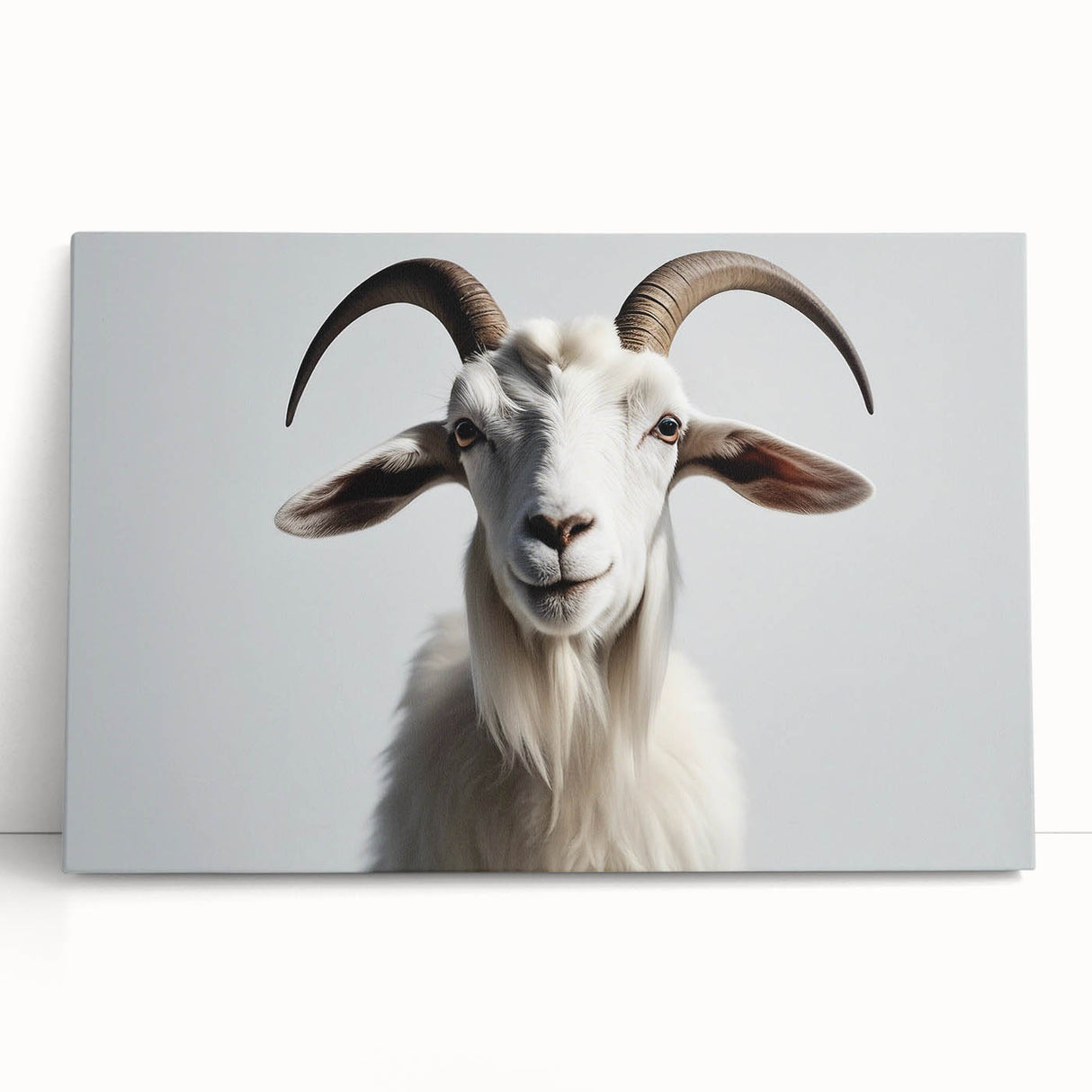 Stretched canvas wall art featuring a whimsical goat design, showcasing vibrant colors and intricate details, perfect for animal lovers and home decor enthusiasts.
