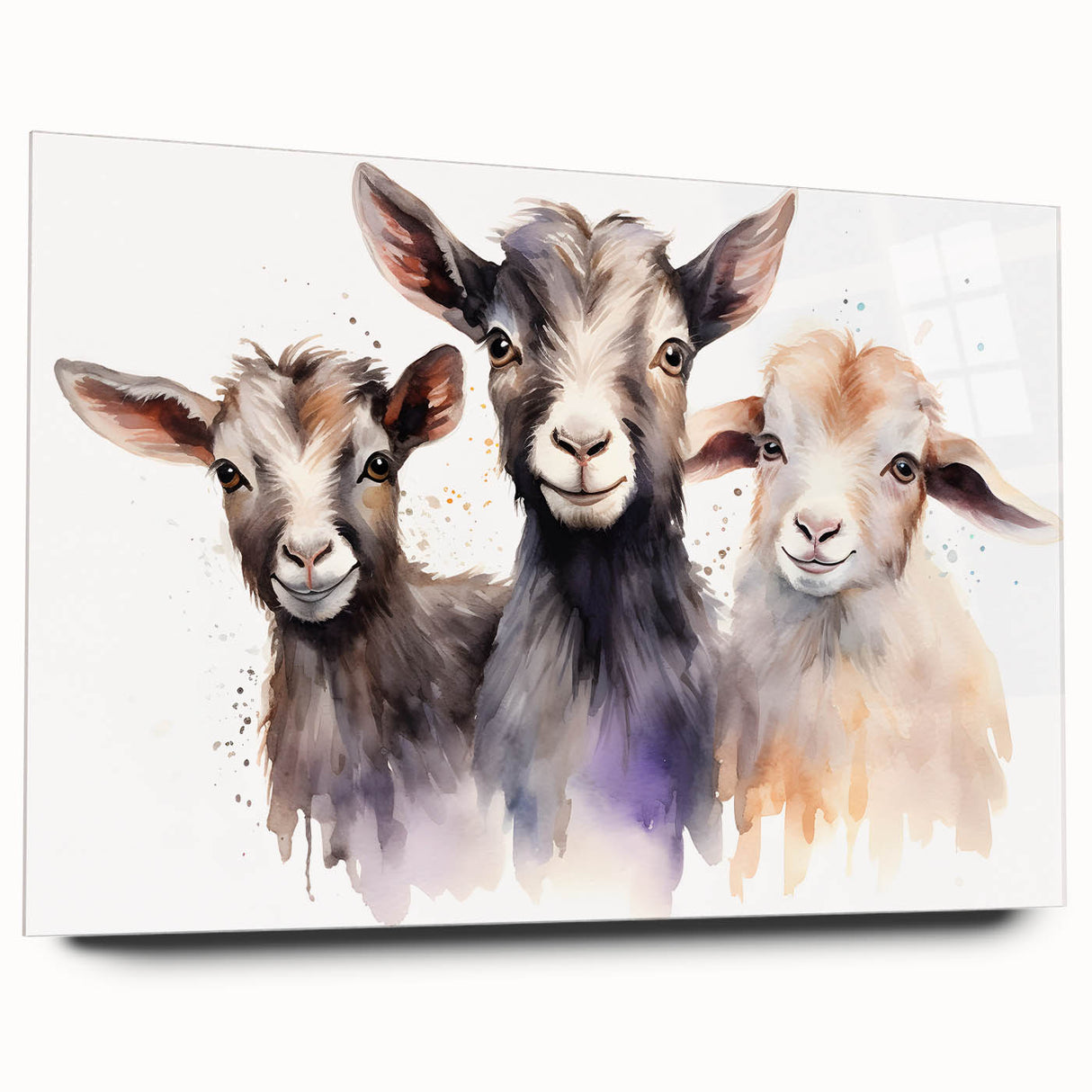Side view of a goat-themed wall art piece designed for animal lovers, showcasing vibrant colors and intricate details, elegantly displayed in acrylic glass.