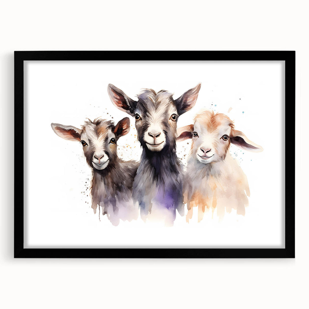 Framed wall art featuring a wild goat design in a black frame with a white mat, showcasing intricate details and vibrant colors, perfect for nature enthusiasts.