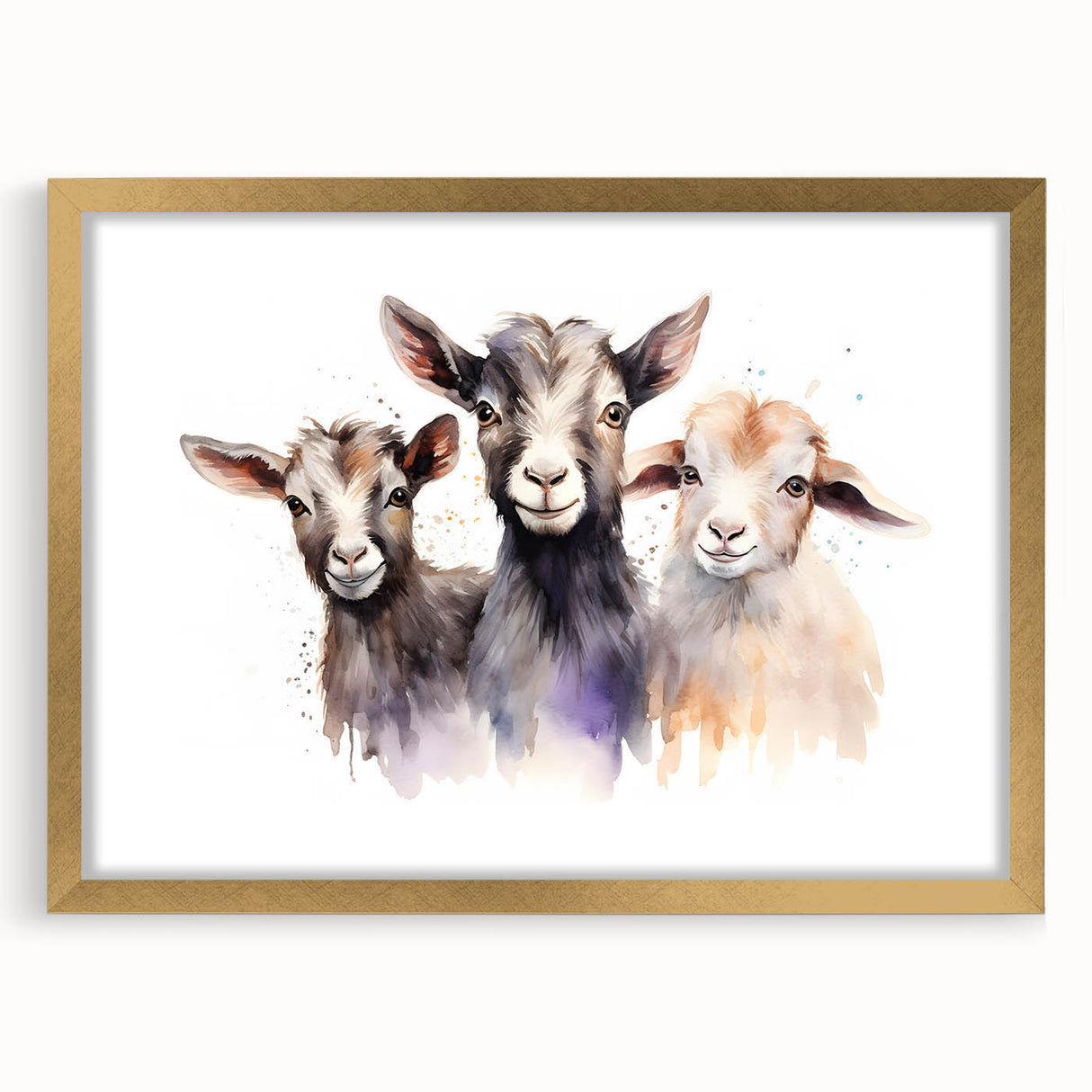 Gold-framed wall art featuring a whimsical goat design, part of a wildlife collection, displayed with a mat for an elegant finish, perfect for animal lovers.