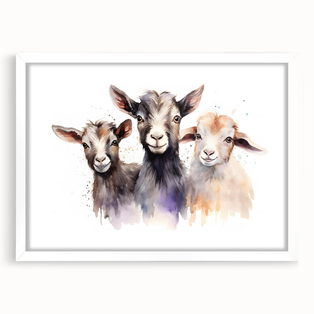 White-framed wall art featuring a whimsical goat design from the "Animals: A Wild Life" collection, showcasing vibrant colors and playful details, perfect for animal lovers' decor.