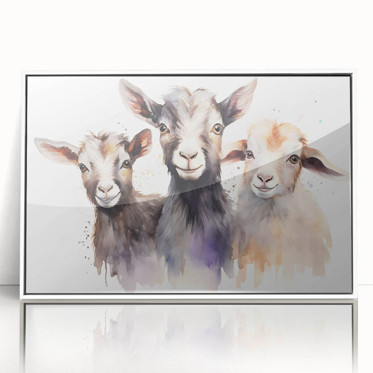 Framed wall art featuring a goat design from the "Animals: A Wild Life" collection, showcasing vibrant colors and intricate details against a sleek white frame, perfect for home decor.