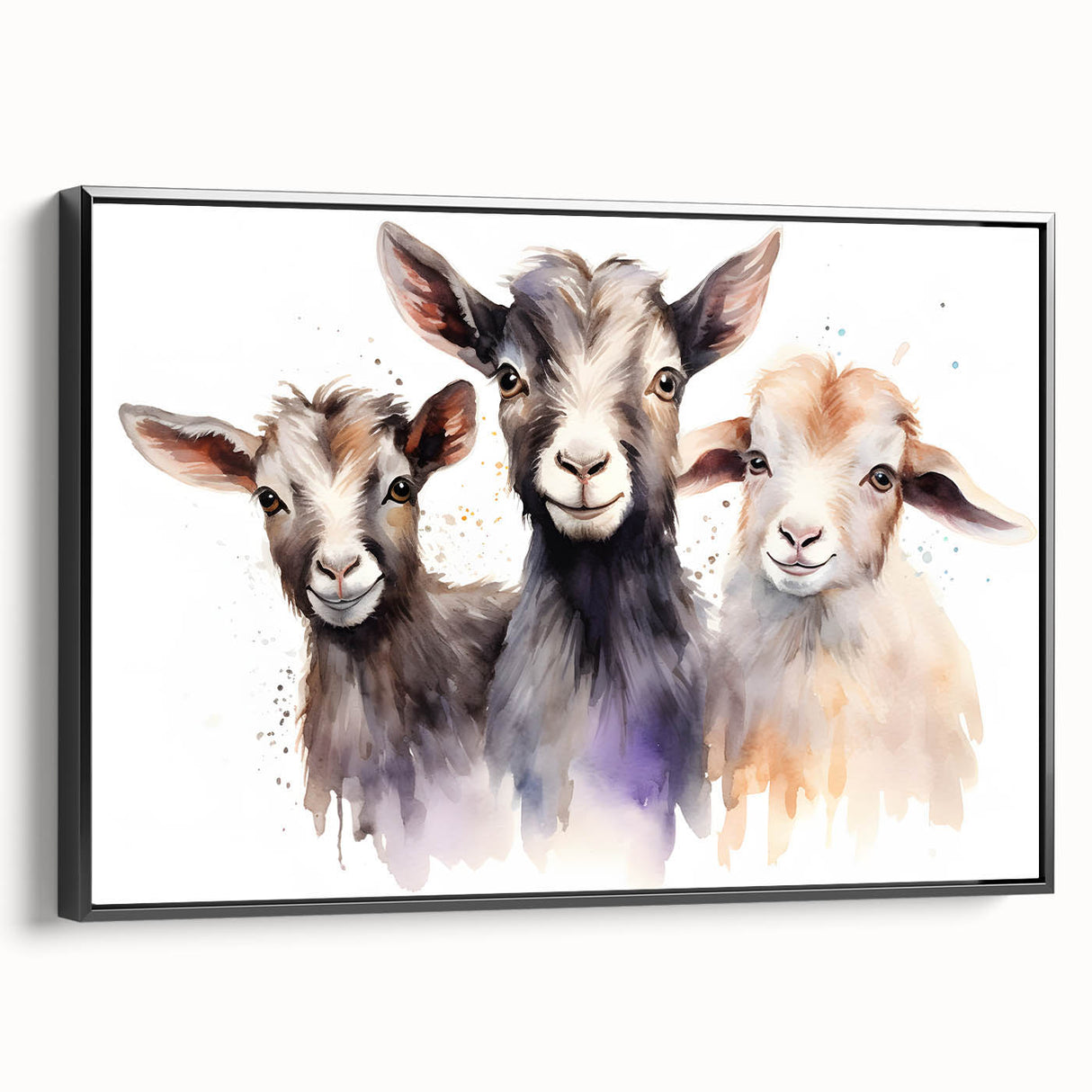 Framed canvas wall art showcasing a stylized goat design, set against a black background. This unique wildlife-inspired decor adds a modern touch to any space.