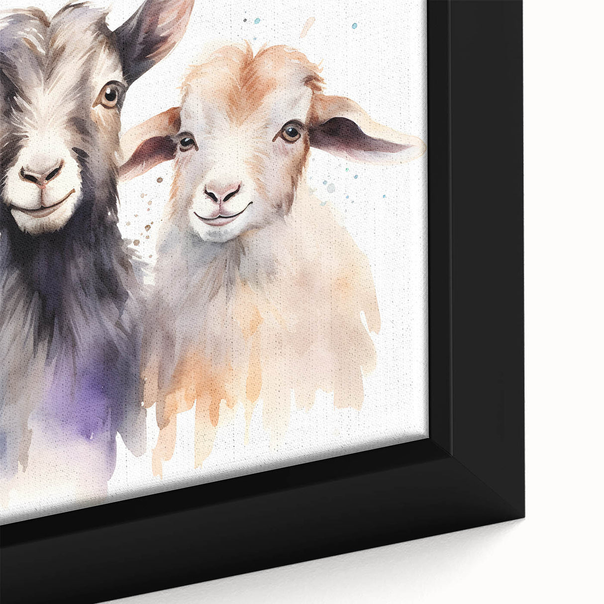 Close-up of a framed canvas wall art piece featuring a striking goat design from the "Animals: A Wild Life" collection, showcasing intricate details and vibrant colors, perfect for enhancing home decor.