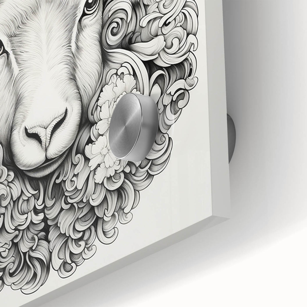 Close-up of a vibrant wall art piece featuring a stylized goat design, crafted on acrylic glass with vivid colors, perfect for animal lovers and modern decor.