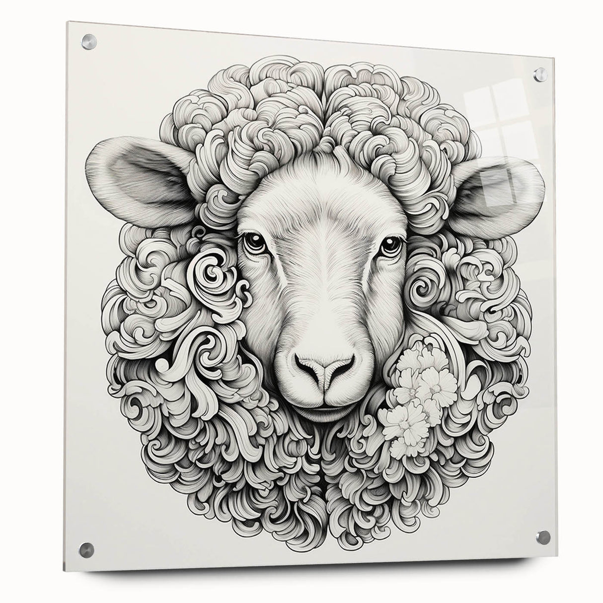 Acrylic wall art featuring a stylized goat design, displayed in a side view with decorative pins, showcasing vibrant colors and intricate details for wildlife enthusiasts.