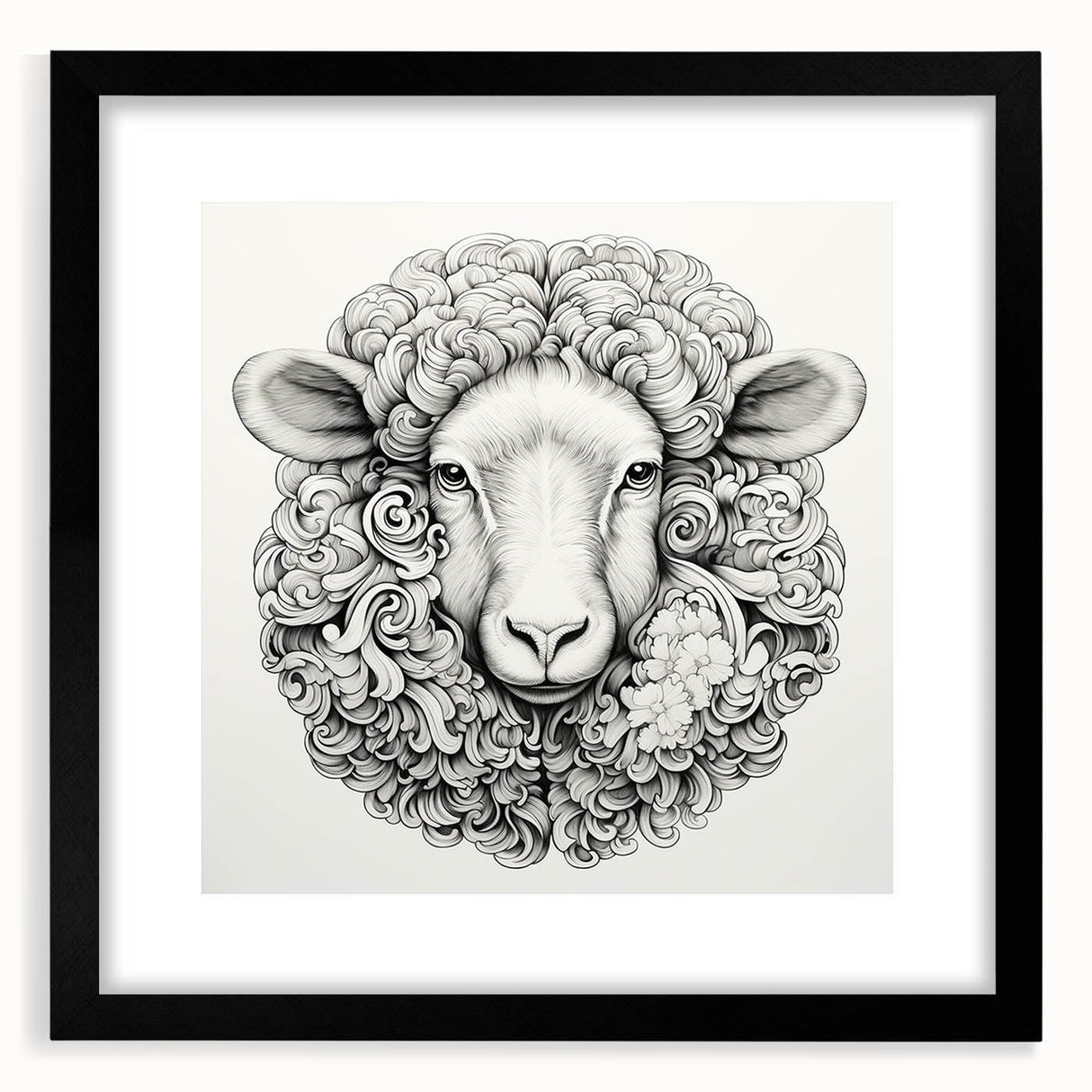 Framed wall art featuring a striking goat design in a black mat, showcasing intricate details and vibrant colors, perfect for animal lovers and home decor enthusiasts.