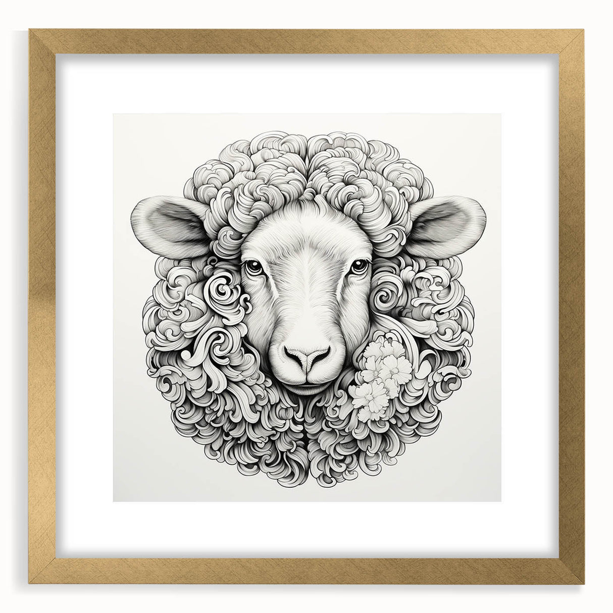 Framed wall art featuring a golden goat design from the "Animals of the Wild" collection, showcasing intricate details and a stylish mat in a modern setting.