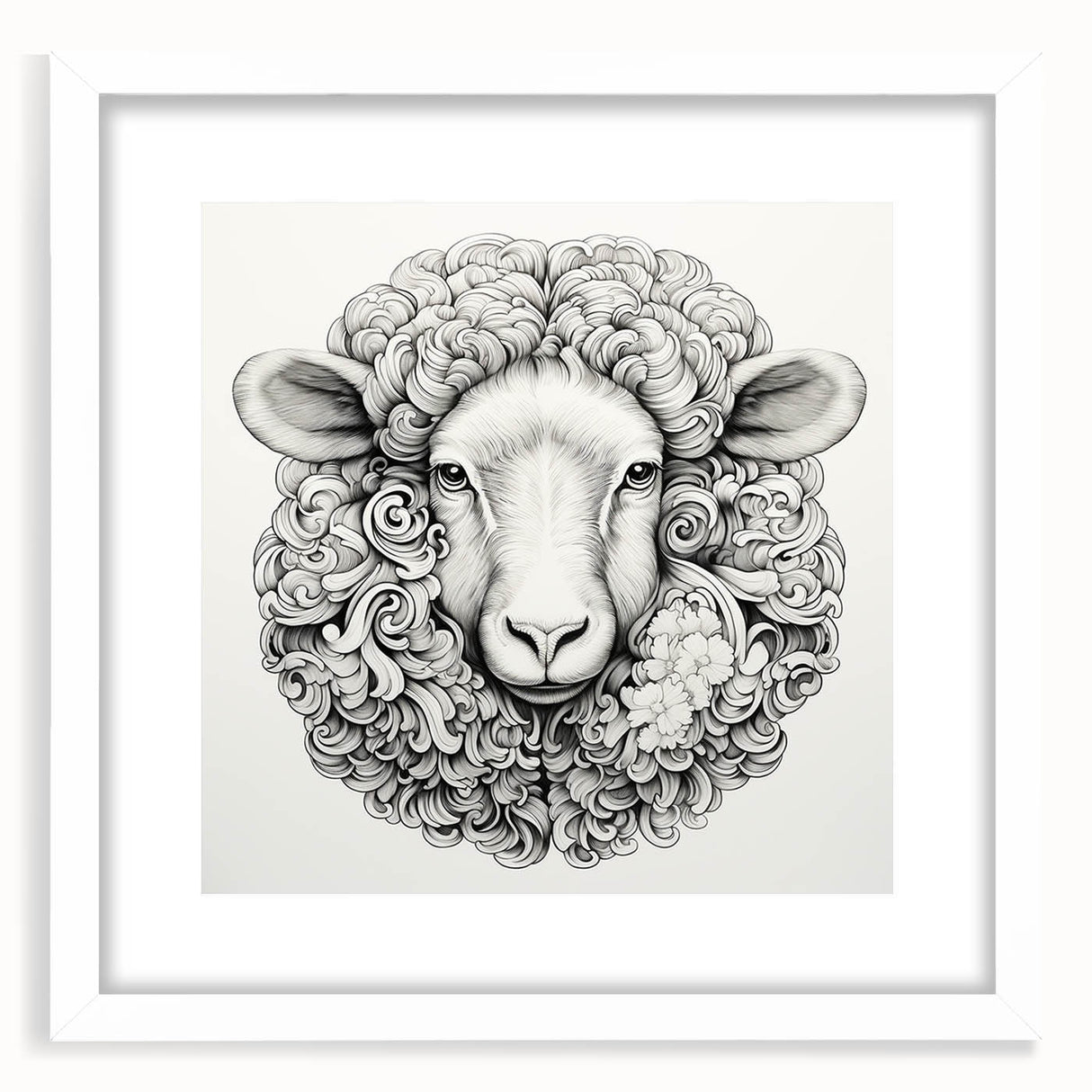 Framed wall art featuring a stylized goat design from the "A Wild Life" collection, showcasing intricate details and a white mat for an elegant presentation. This unique piece adds a modern touch to any decor, perfect for animal lovers and art enthusiasts.