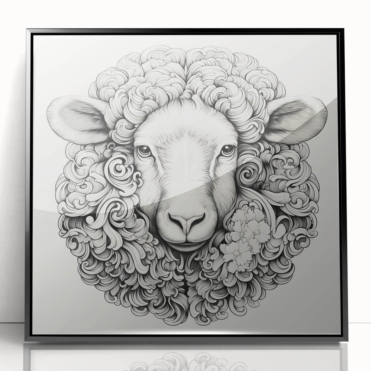 Framed wall art featuring a modern goat design in black acrylic, showcasing intricate details and vibrant colors, perfect for animal lovers' home decor.