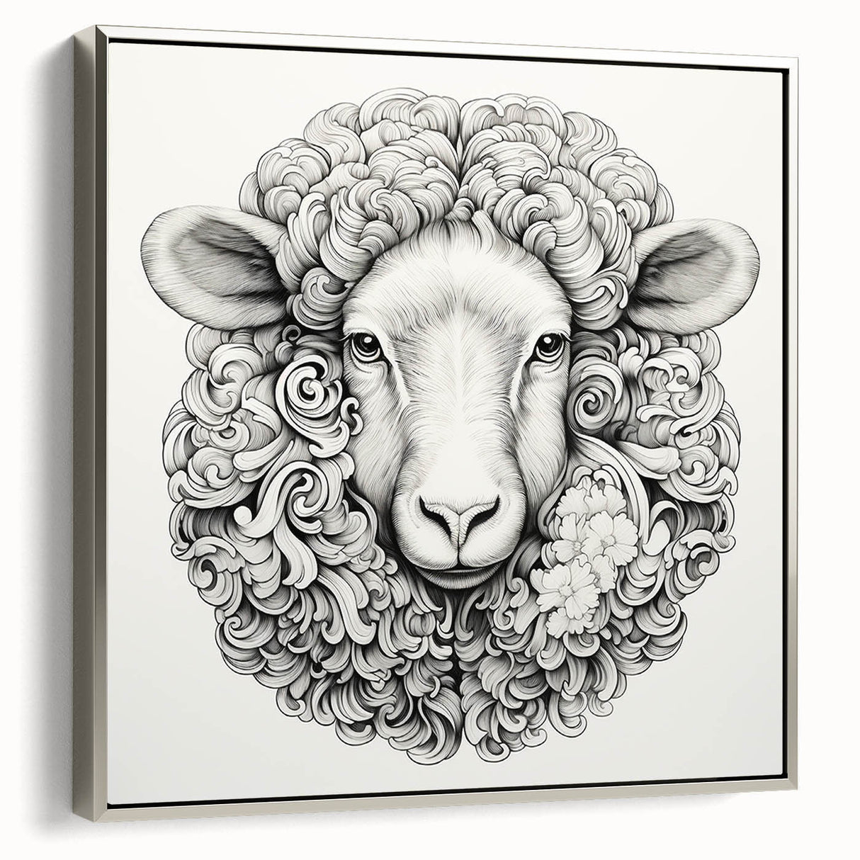 Framed wall art featuring a sleek silver border showcasing a detailed goat design, ideal for wildlife enthusiasts, enhancing any contemporary decor.