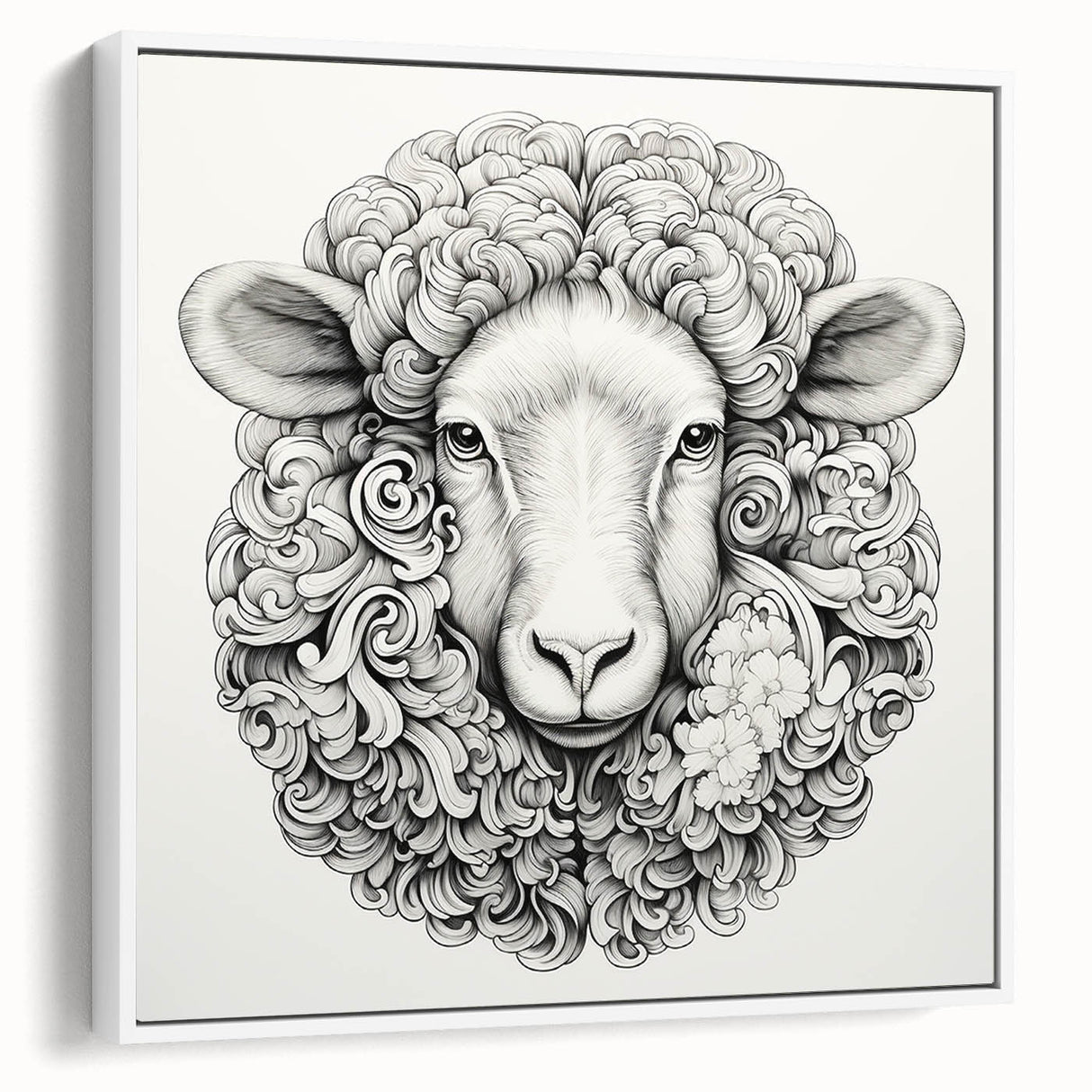Framed canvas art of a goat design in a white frame, showcasing intricate details and textures against a minimalist background, ideal for wildlife enthusiasts.