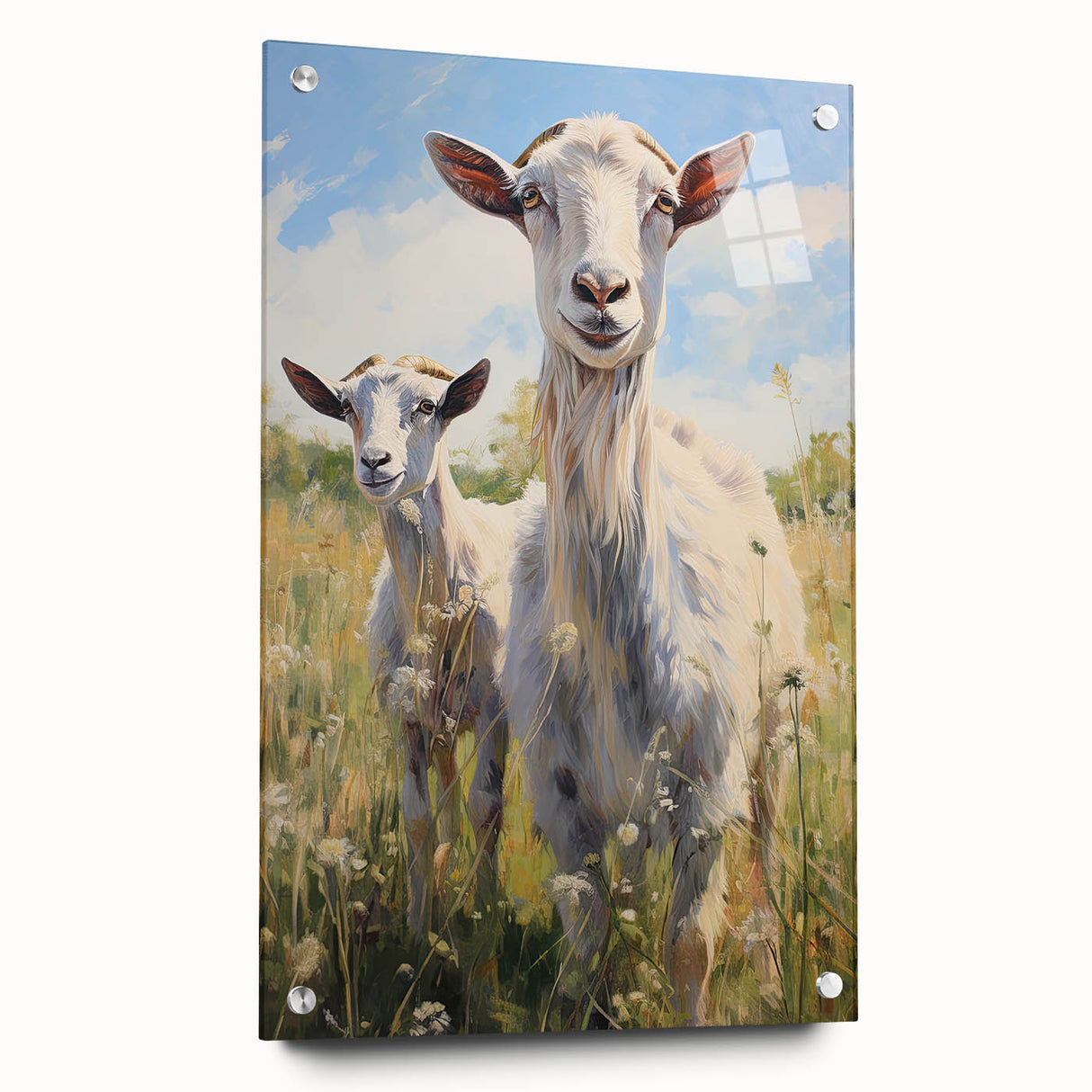 Side view of a modern wall art collection featuring a goat design, made from acrylic glass, showcasing intricate details and vibrant colors, suitable for animal lovers.