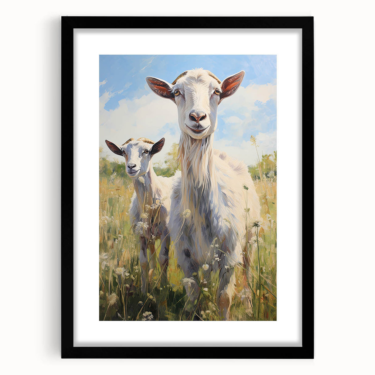 Black-framed wall art collection featuring a goat design, showcasing intricate details and vivid colors, ideal for wildlife enthusiasts and home decor.