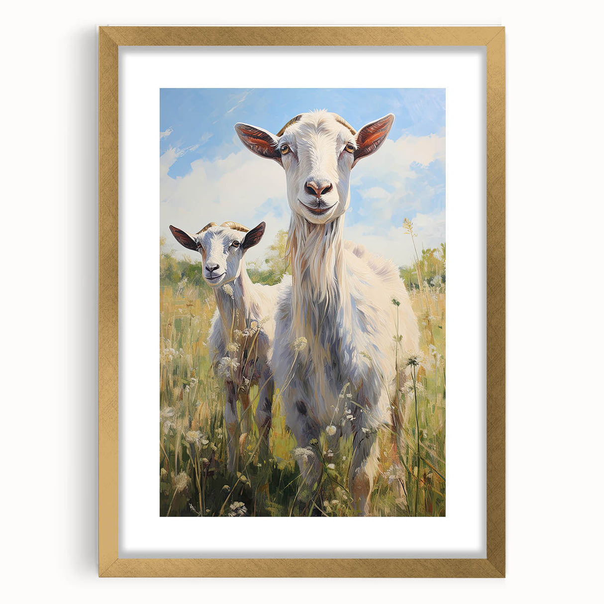 Gold-framed wall art collection featuring a stylized goat design, showcasing intricate details and vibrant colors, perfect for adding a touch of nature-inspired elegance to home decor.