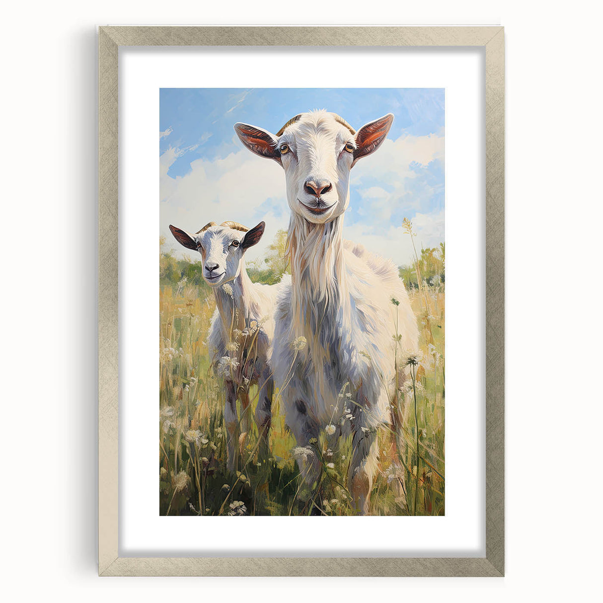 Silver-framed wall art featuring a goat design, showcasing vibrant colors and intricate details, perfect for animal lovers and modern decor enthusiasts.