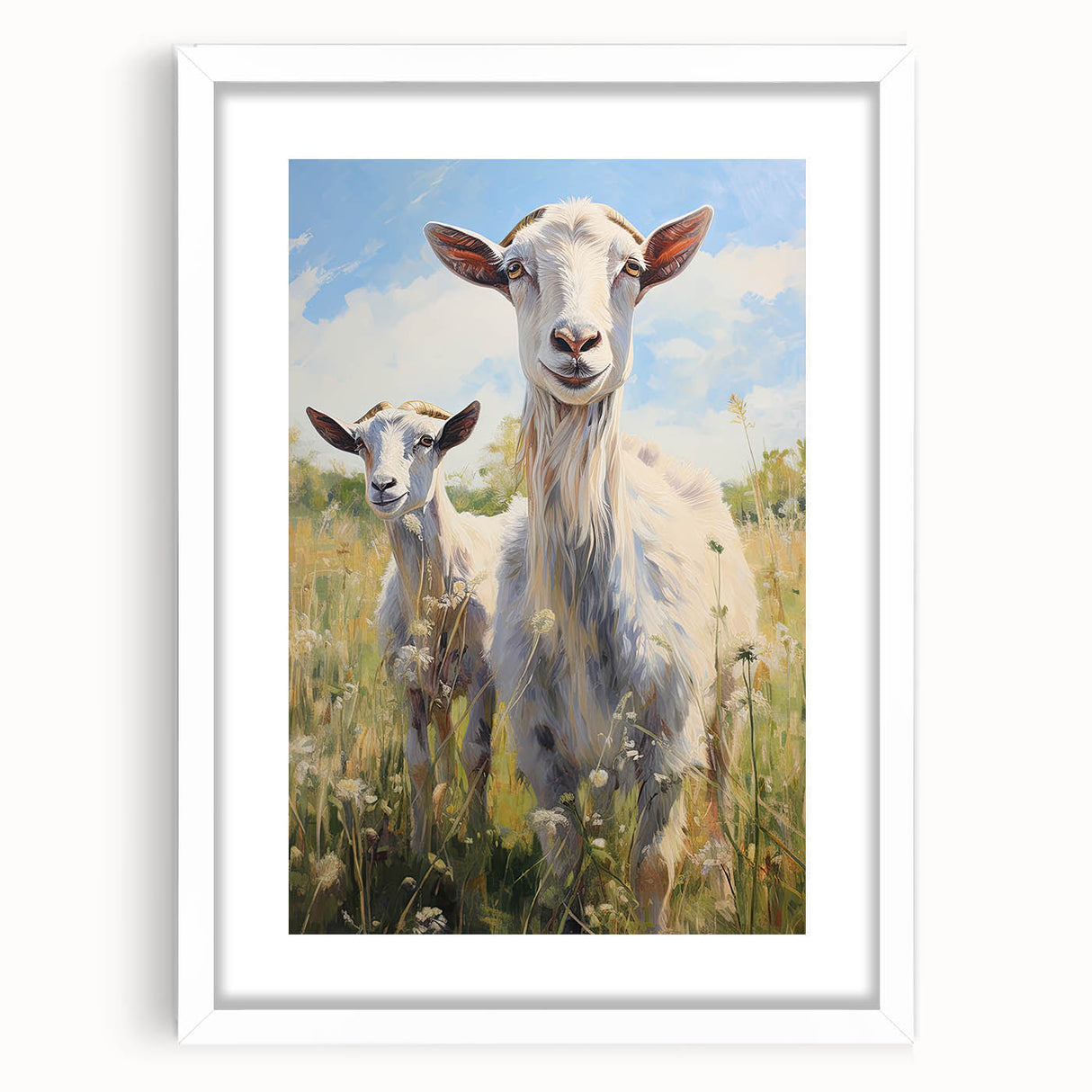 Framed wall art collection featuring a whimsical goat design, set against a white mat and frame, perfect for adding a playful touch to home decor.