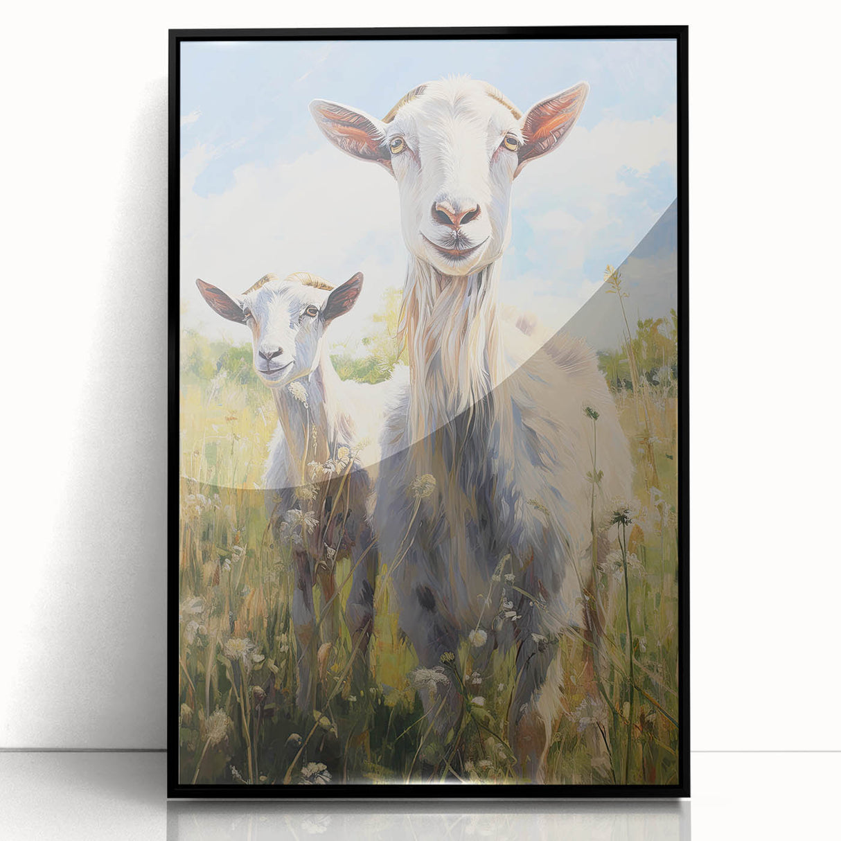 Framed wall art featuring a striking goat design in a modern acrylic finish, set against a sleek black frame. Ideal for animal lovers and contemporary decor enthusiasts.