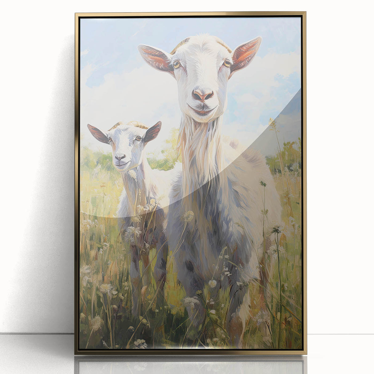 Framed wall art featuring a stylish goat design with golden accents, set against a modern white background, perfect for animal lovers and contemporary decor.