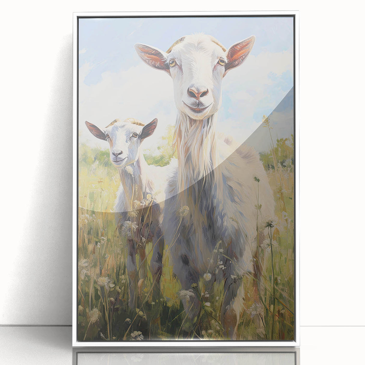 Framed acrylic wall art featuring a goat design from the 'Animals: A Wild Life' collection, presented in a sleek white frame, perfect for home decor.