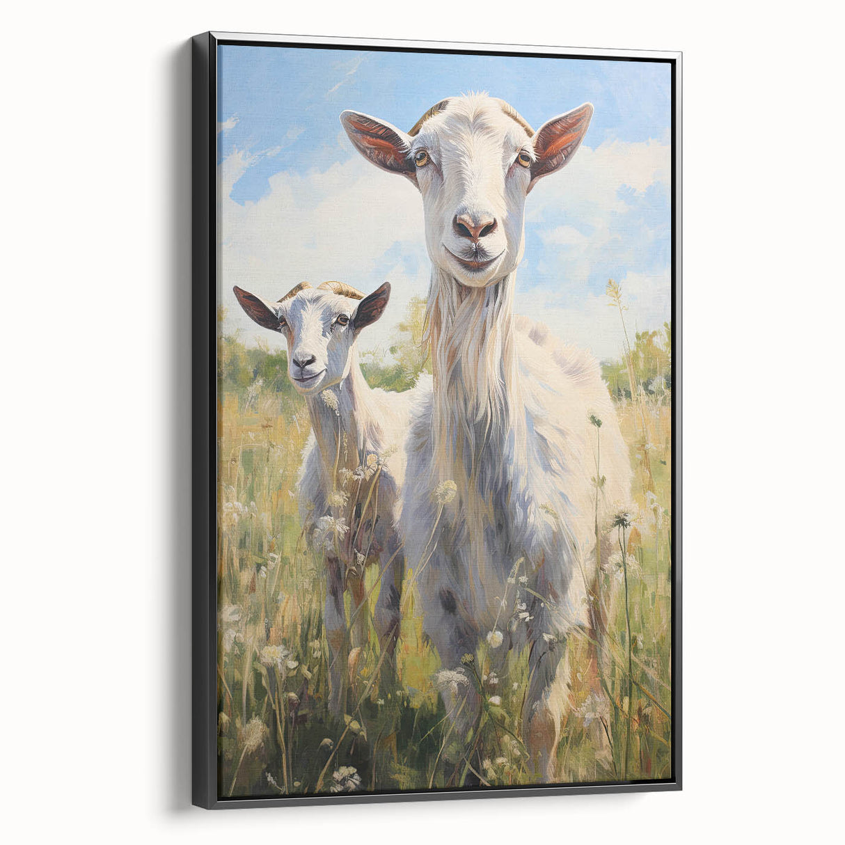 Framed canvas wall art showcasing a goat design in a wild life theme, featuring a black frame and side view, perfect for animal lovers and home decor enthusiasts.