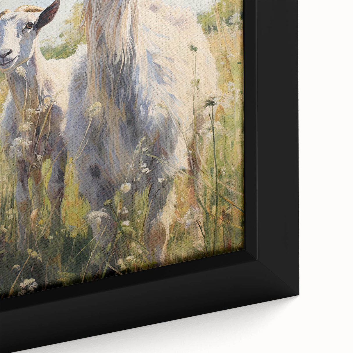 Close-up of a framed canvas wall art featuring a detailed illustration of a goat in a wild landscape, showcasing vibrant colors and intricate textures, perfect for animal lovers.