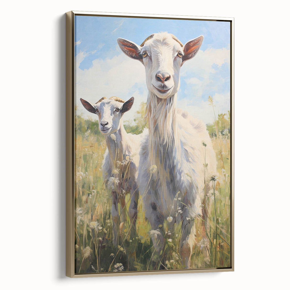 Framed canvas wall art featuring a majestic goat design in a stylish gold frame, showcasing intricate details and vibrant colors, perfect for animal lovers and home decor enthusiasts.