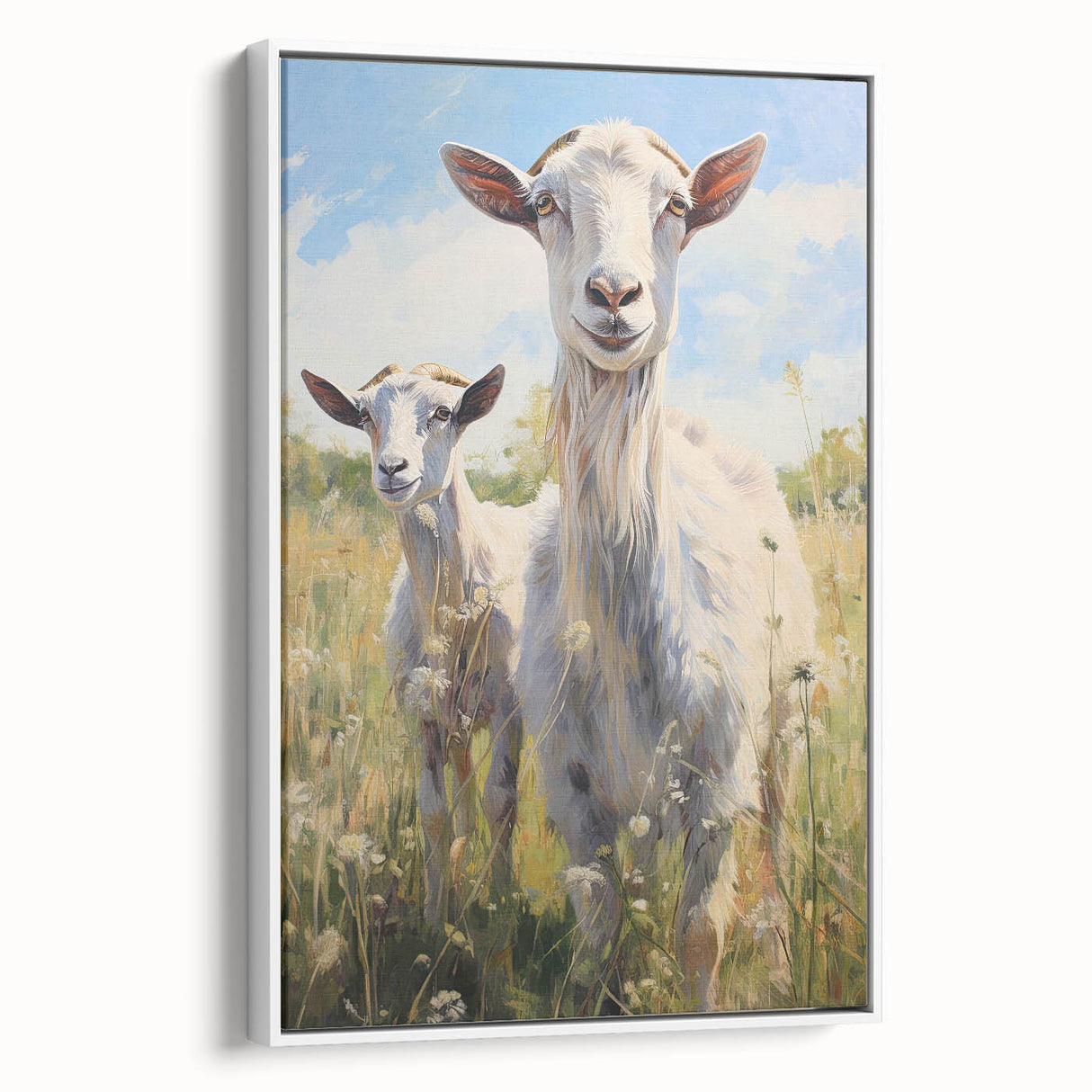 Framed wall art featuring a stylish white goat design in a contemporary style, set against a neutral background to enhance any modern decor. Ideal for animal lovers or nature-themed interiors.