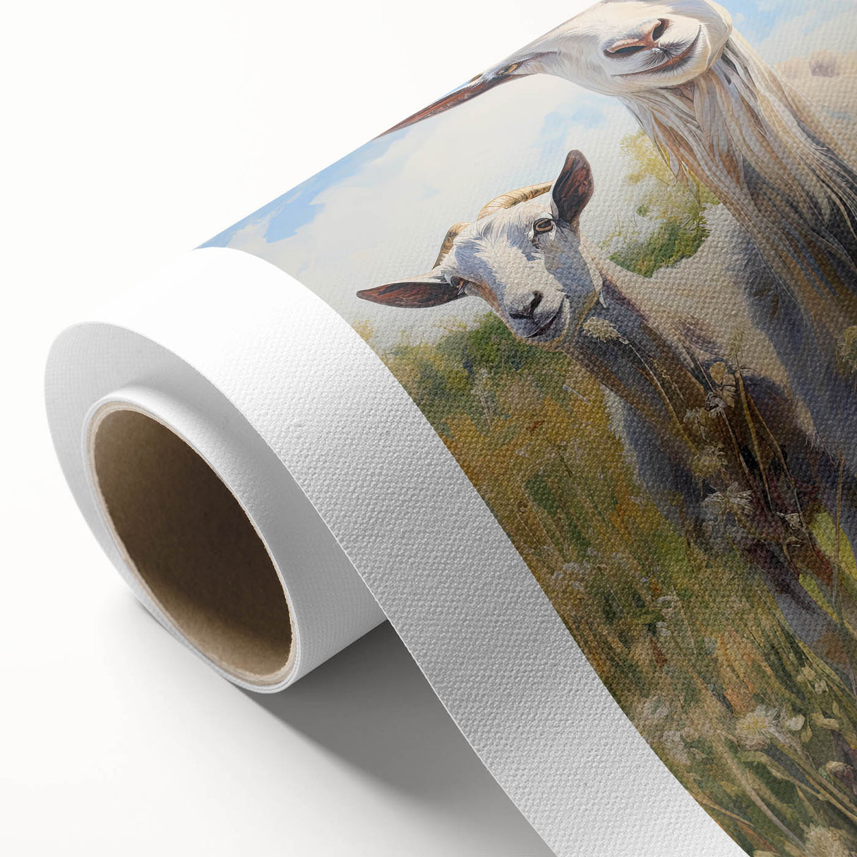 Goat-themed wall art design on rolled canvas, showcasing vibrant colors and intricate details, perfect for adding a touch of wildlife decor to any space.