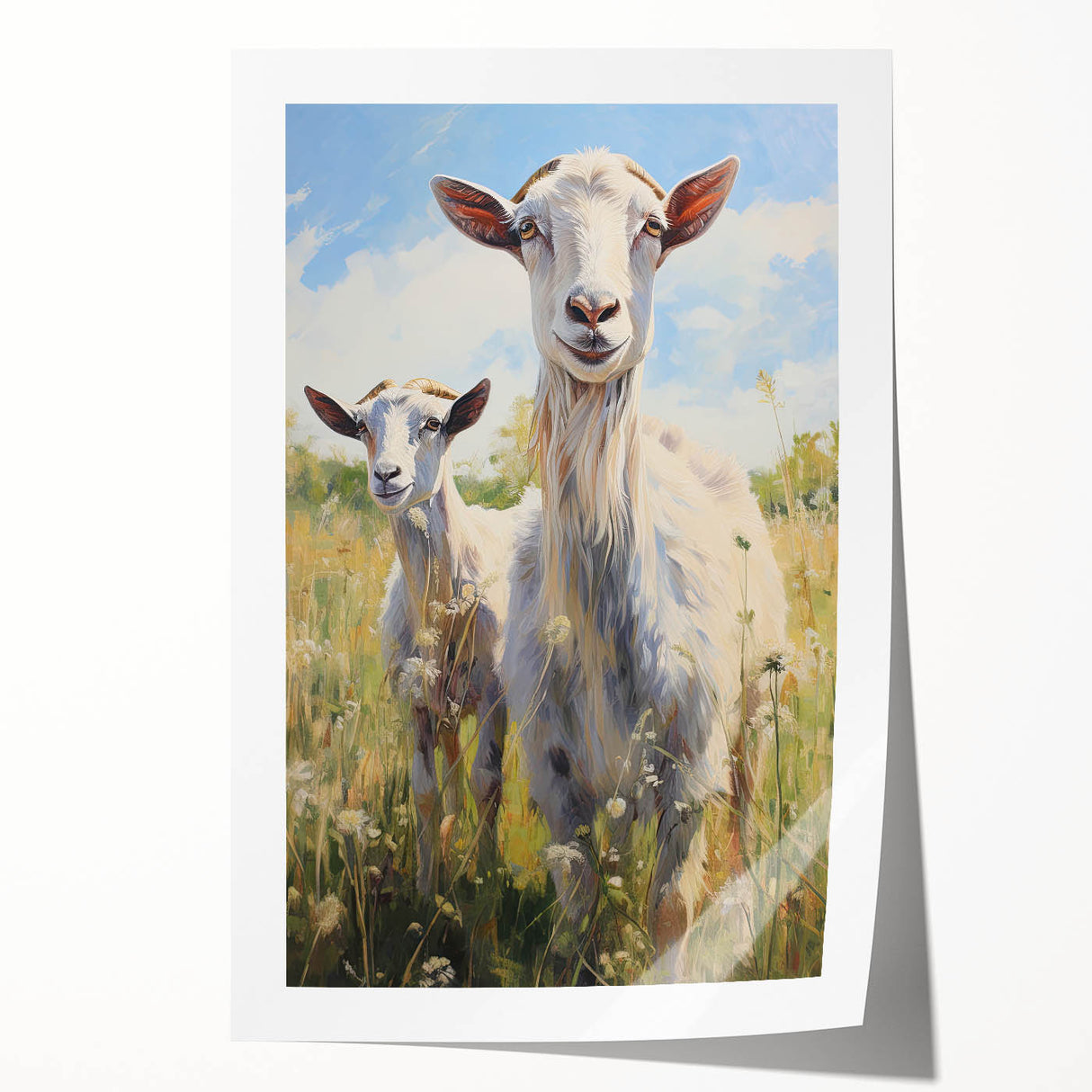 Rolled wall art print showcasing a vibrant goat design inspired by wildlife, featuring intricate details and bold colors, perfect for animal lovers and home decor.