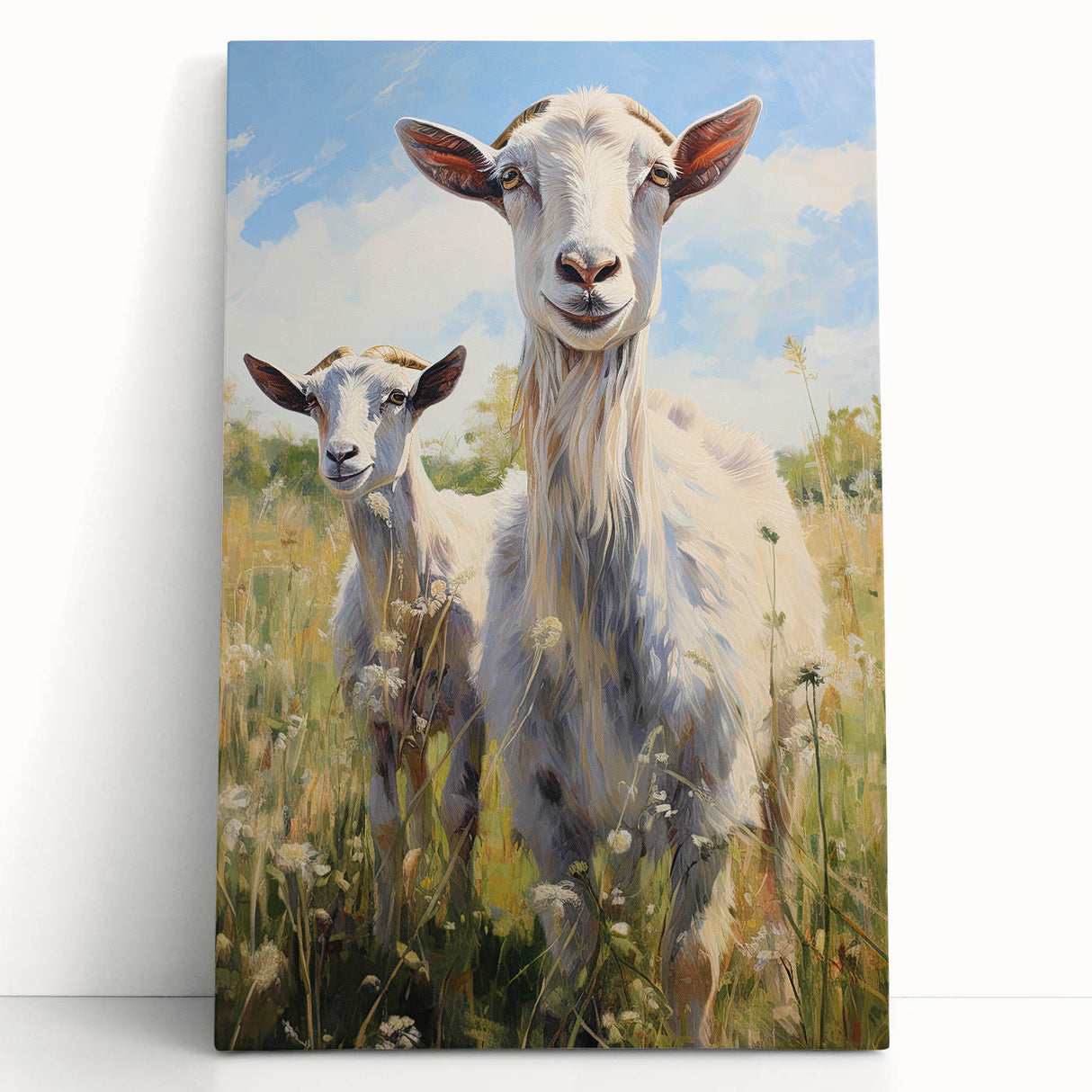 Stretched canvas wall art featuring a whimsical goat design in vibrant colors, perfect for adding a playful touch to home decor. Ideal for animal lovers and modern interiors.