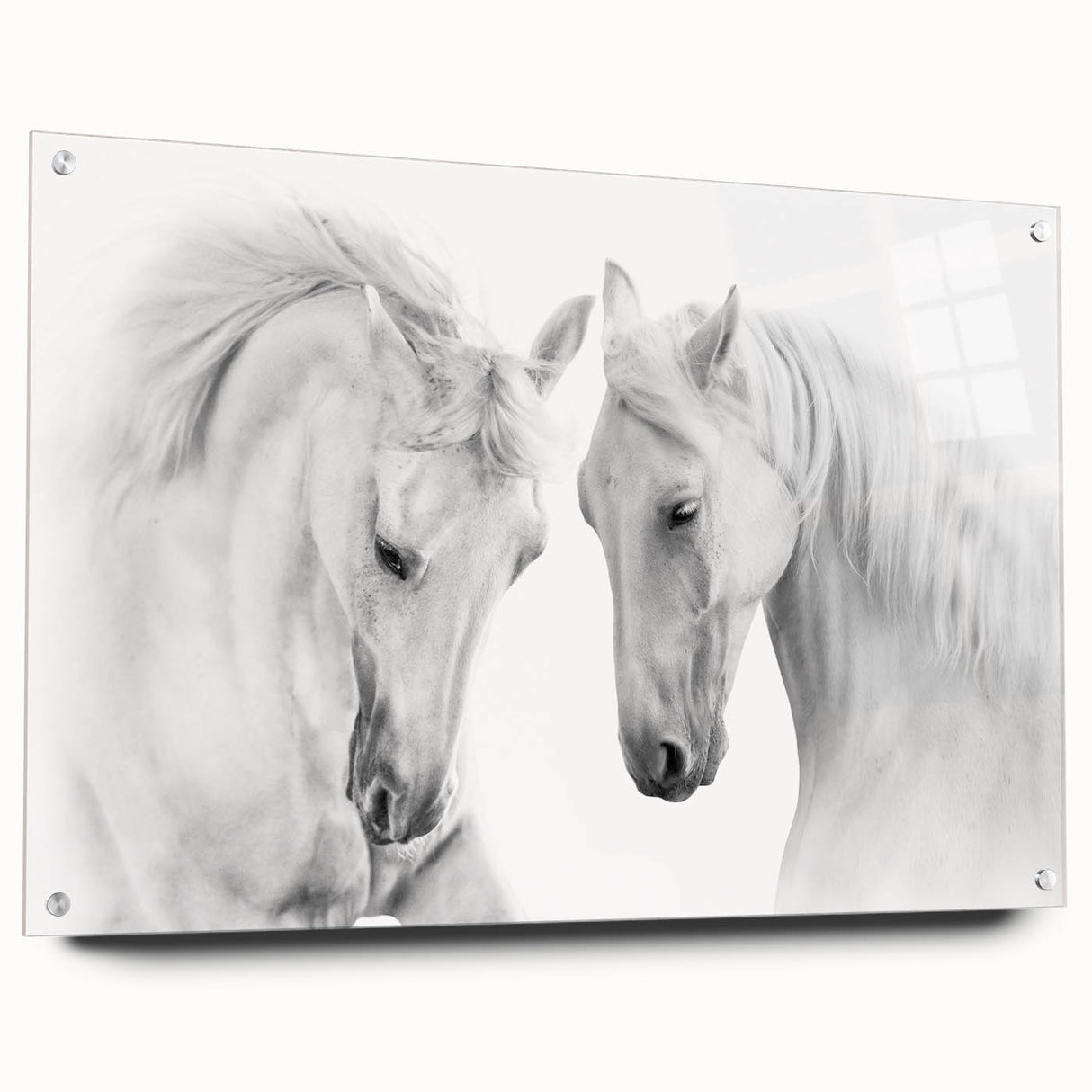Acrylic glass wall art featuring a side view of a wild horse design, showcasing intricate details and vibrant colors, elegantly mounted with pins for display.