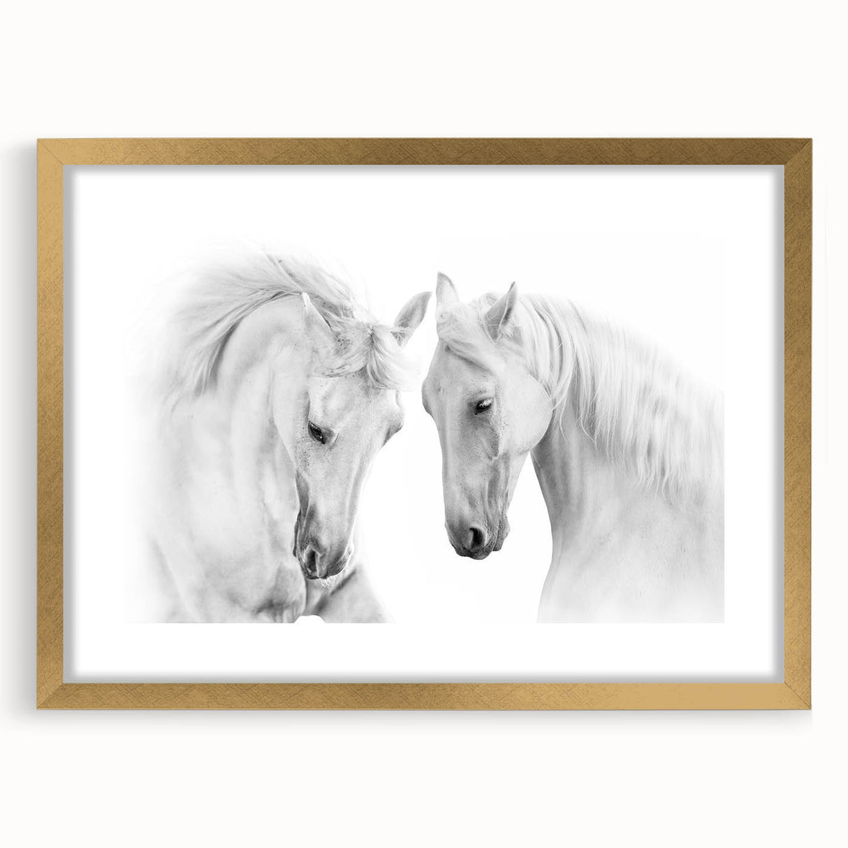 Framed wall art showcasing a stunning horse design with a gold mat and frame, ideal for animal lovers and home décor enthusiasts. Perfect for adding elegance to any space.