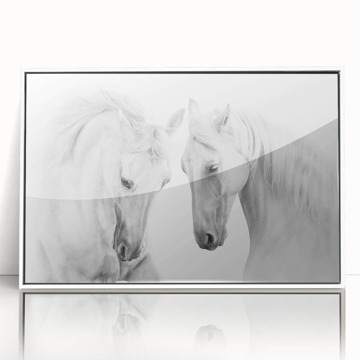Framed wall art featuring a captivating horse design in a sleek white frame, showcasing vibrant colors and intricate details, perfect for animal lovers and home decor enthusiasts.