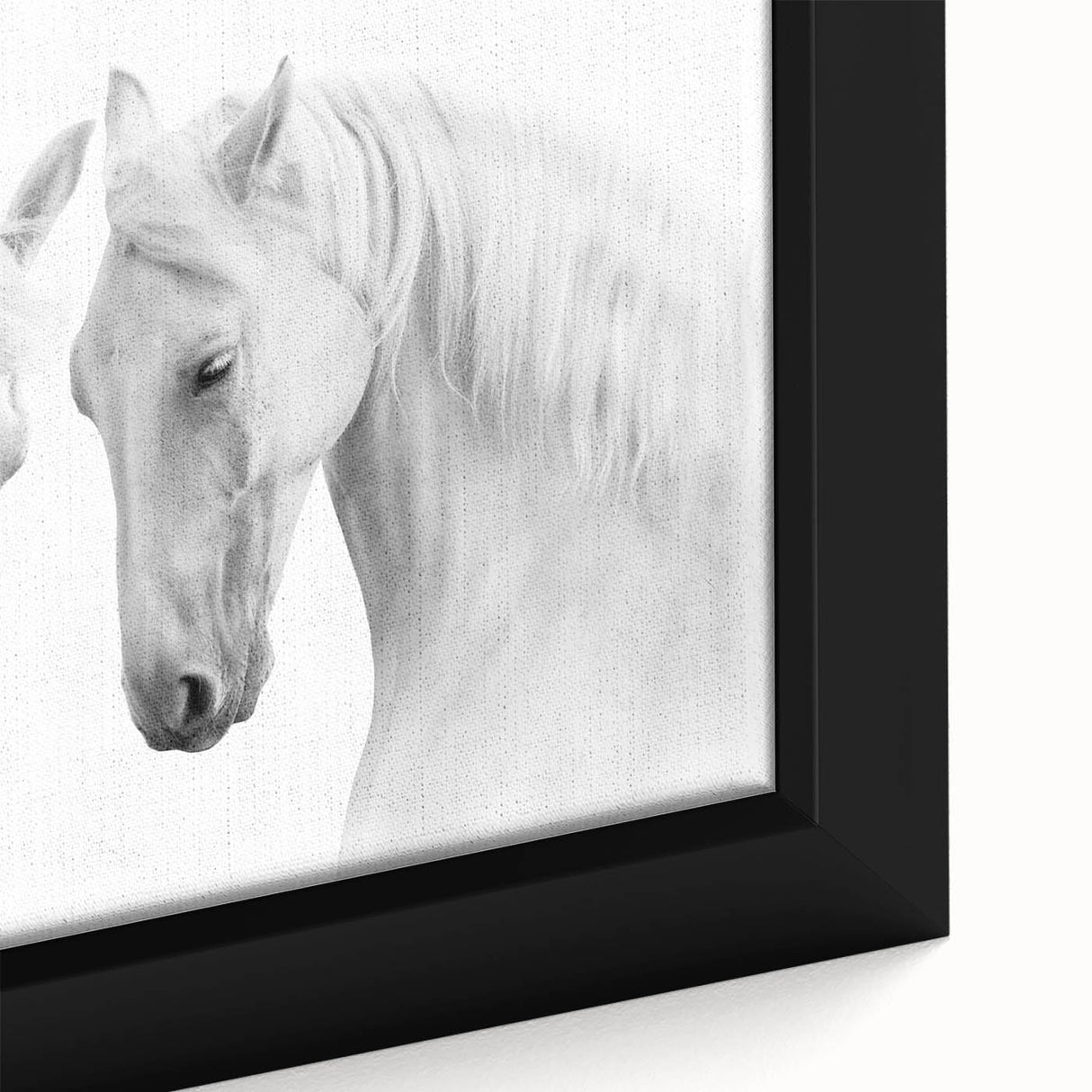 Close-up of a framed canvas wall art piece depicting a majestic horse in a natural setting, showcasing detailed brush strokes and vibrant colors, perfect for animal lovers.