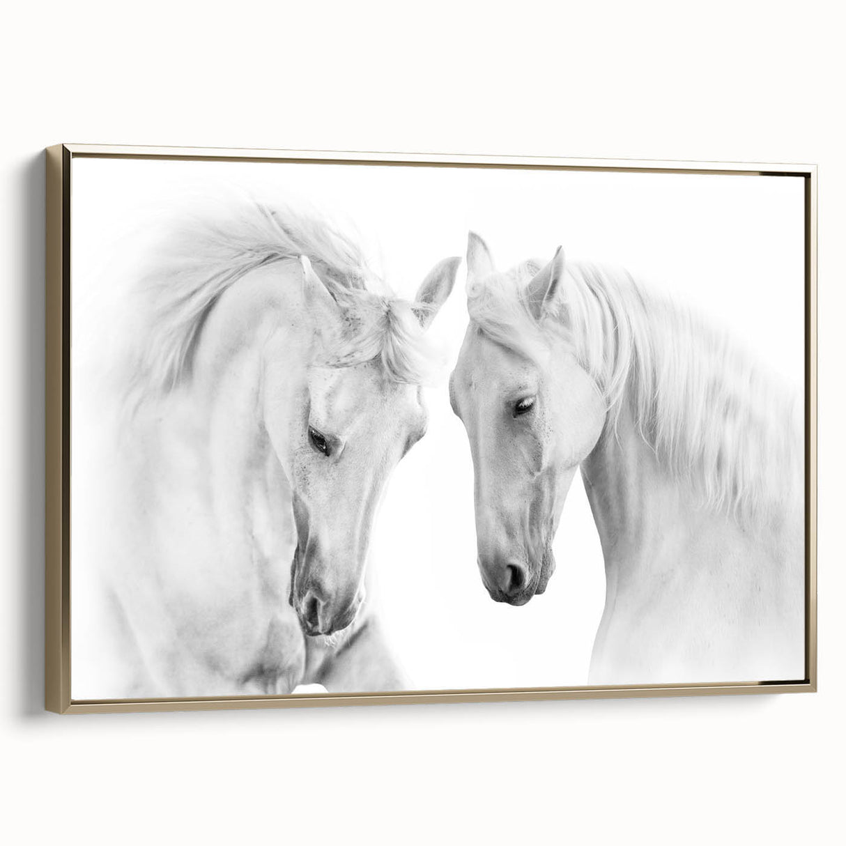 Framed canvas wall art featuring a side view of a majestic horse in a wild landscape, with golden accents enhancing its elegance, perfect for equine art enthusiasts.