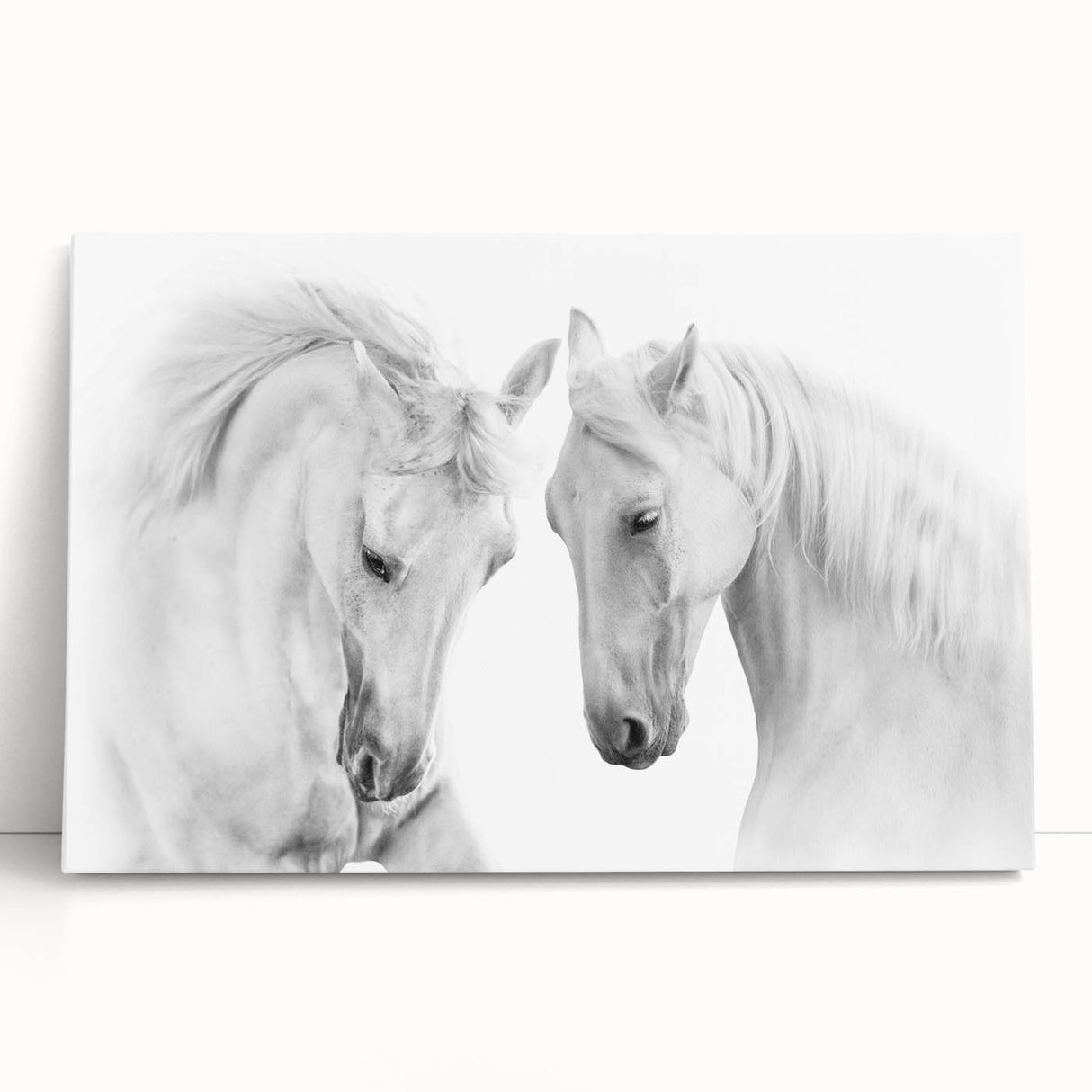 Stretched canvas wall art featuring a serene horse design in earthy tones, leaning against a wall, ideal for nature-inspired home decor and animal lovers.