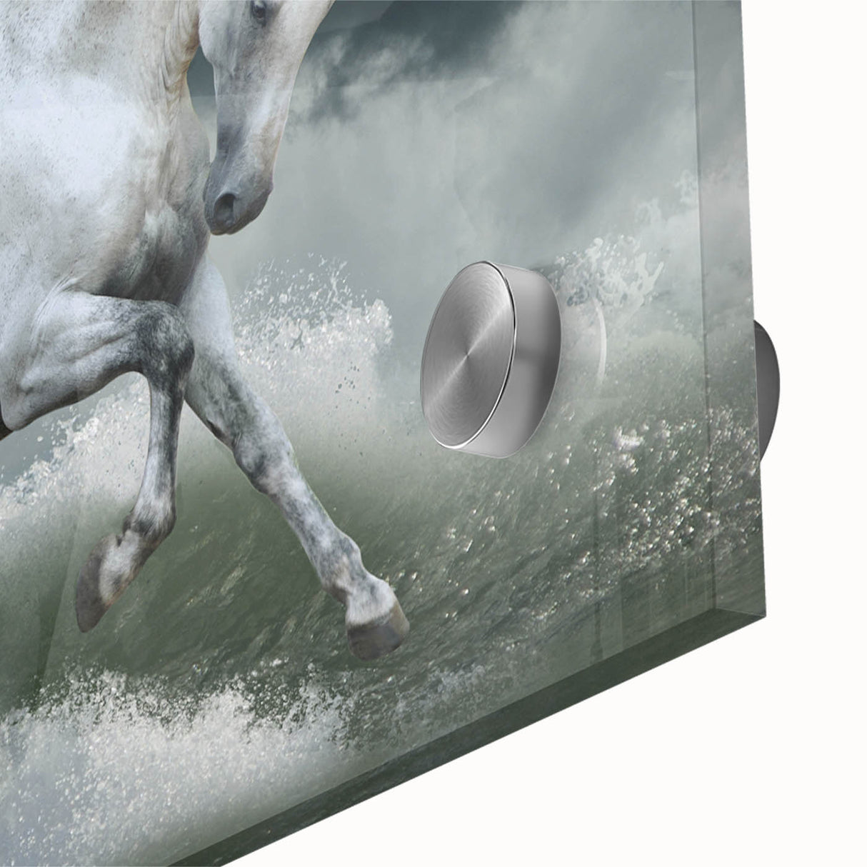 Close-up of a stunning horse design wall art piece featuring acrylic glass with vibrant colors, showcasing intricate details perfect for animal lovers' home decor.