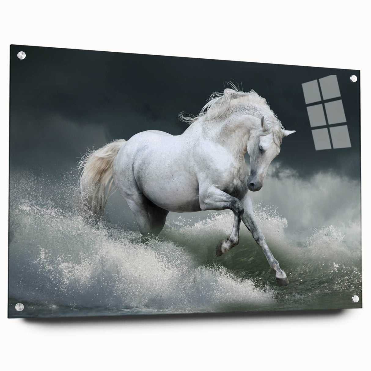 Side view of a wall art collection showcasing a vibrant horse design printed on acrylic glass, elegantly mounted with decorative pins. Ideal for animal lovers and home decor enthusiasts.