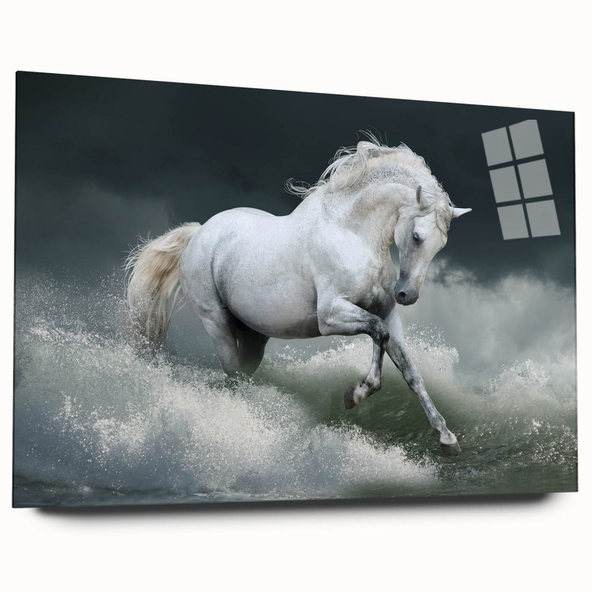 Side view of a stunning acrylic wall art piece featuring a striking horse design, showcasing vibrant colors and intricate details, perfect for wildlife enthusiasts.