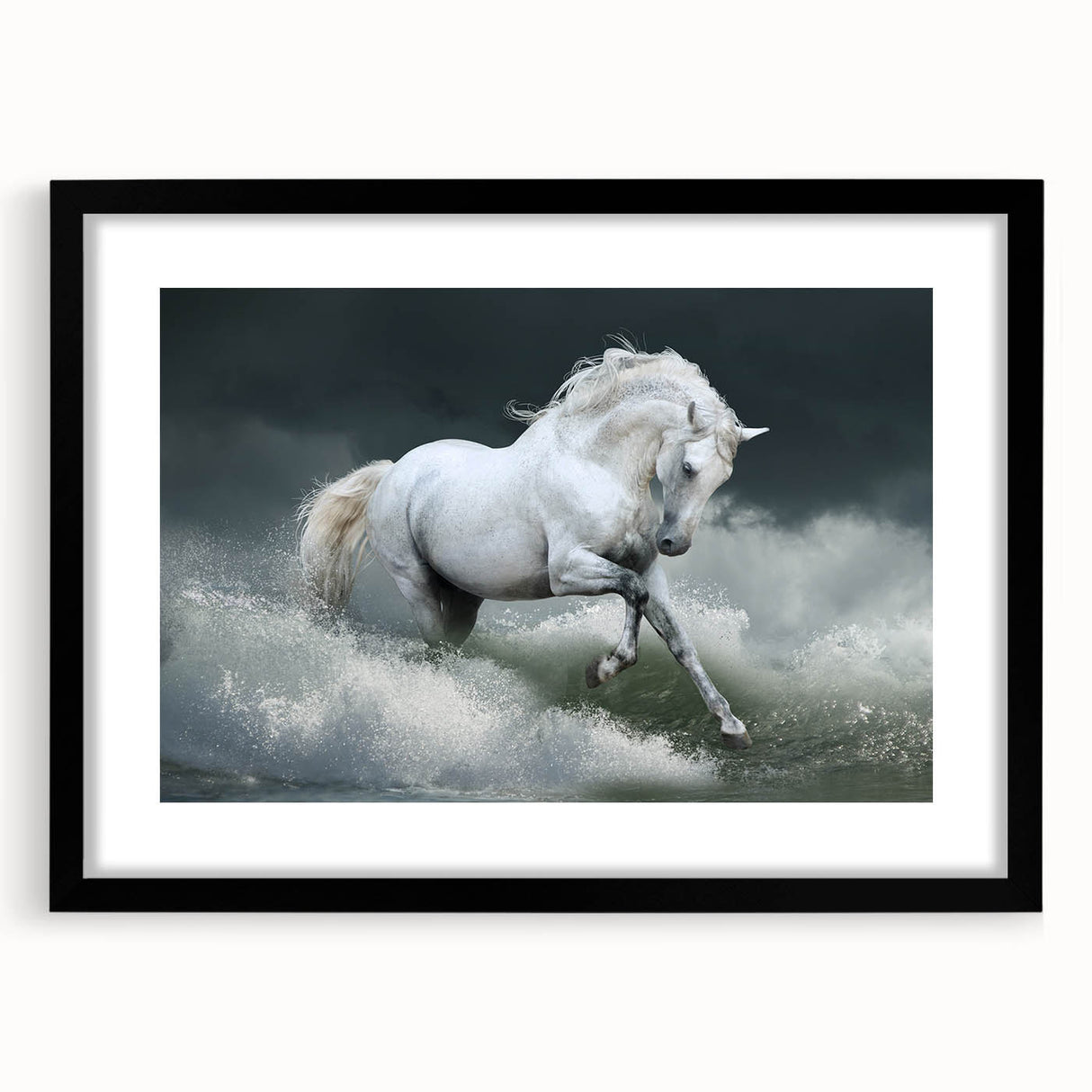 Framed black wall art featuring a majestic horse design, part of a wildlife collection, with a sleek mat for a modern touch, perfect for animal lovers' decor.