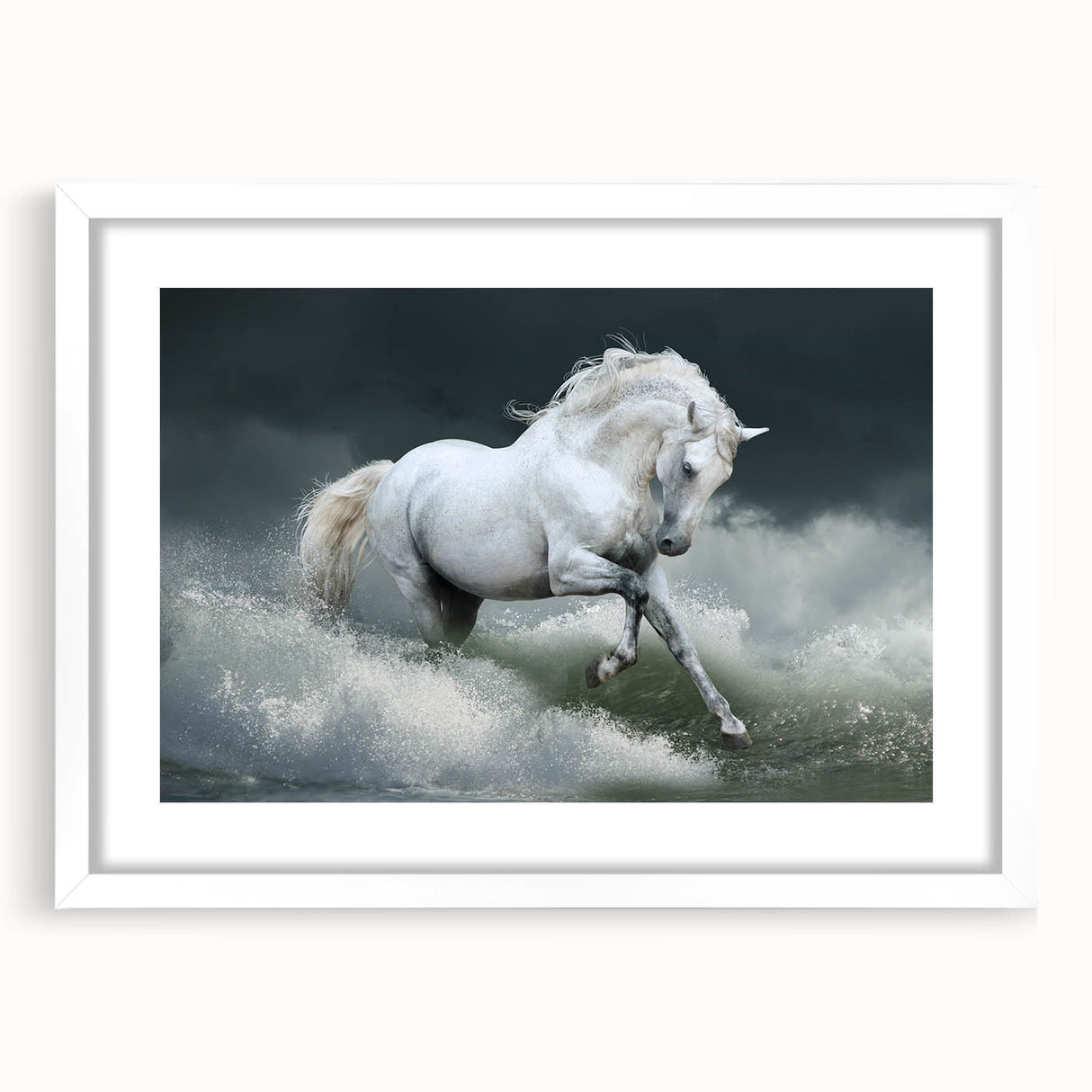 Framed horse wall art design showcasing a majestic wild horse in a natural setting, featuring a white mat and sleek frame, perfect for home decor enhancement.