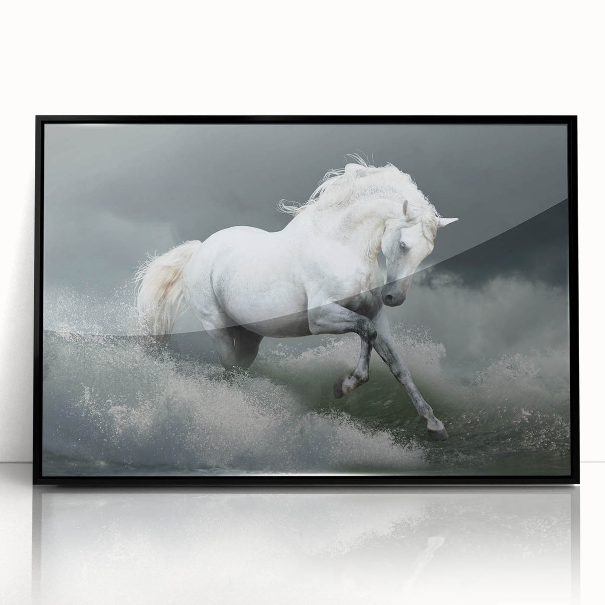 Framed wall art featuring a black horse design in a modern style, showcasing intricate details and vibrant colors, perfect for animal lovers and home decor enthusiasts.